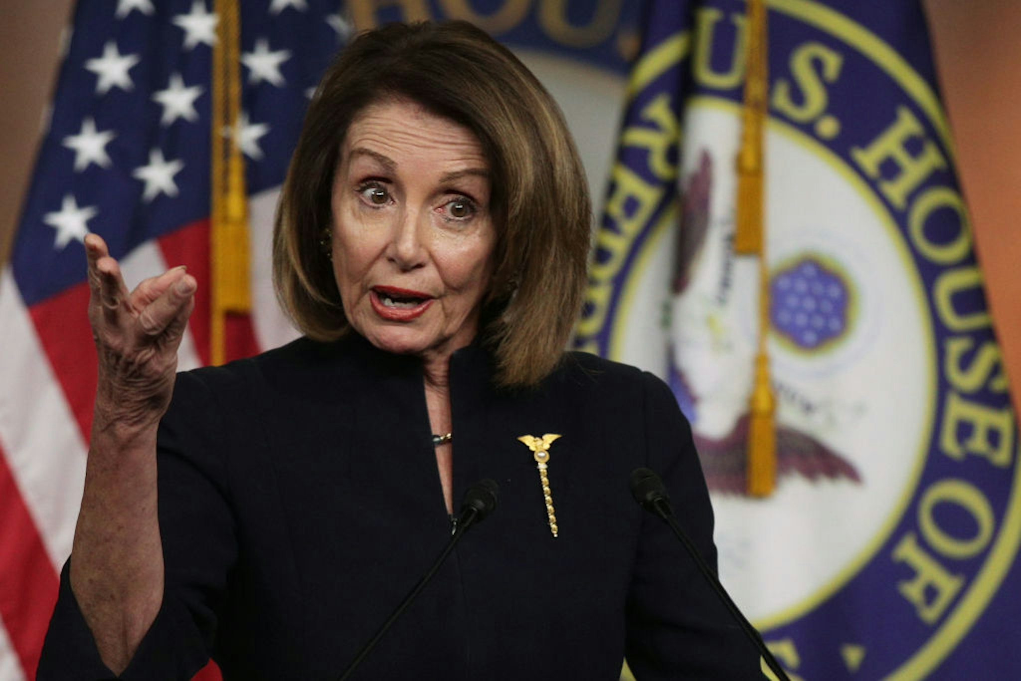 WASHINGTON, DC - FEBRUARY 14: U.S. Speaker of the House Rep. Nancy Pelosi (D-CA) speaks during a weekly news conference at the U.S. Capitol February 14, 2019 in Washington, DC. Speaker Pelosi spoke on various topics, including the Government Funding and Border Security legislation. (Photo by Alex Wong/Getty Images)