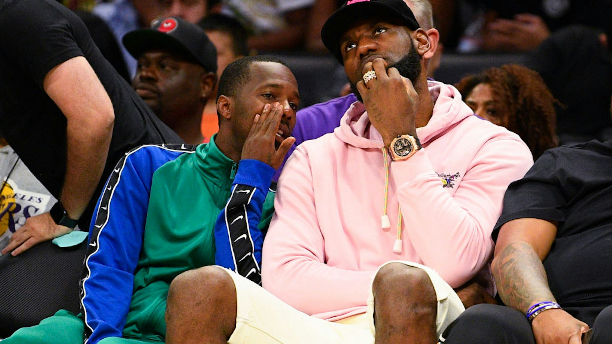 LOS ANGELES, CA - SEPTEMBER 01: Los Angeles Lakers Lebron James and his agent Rich Paul look on during the BIG3 championship game between the Triplets and the Killer 3's on September 1, 2019 at the Staples Center in Los Angeles, CA. (Photo by Brian Rothmuller/Icon Sportswire via Getty Images)