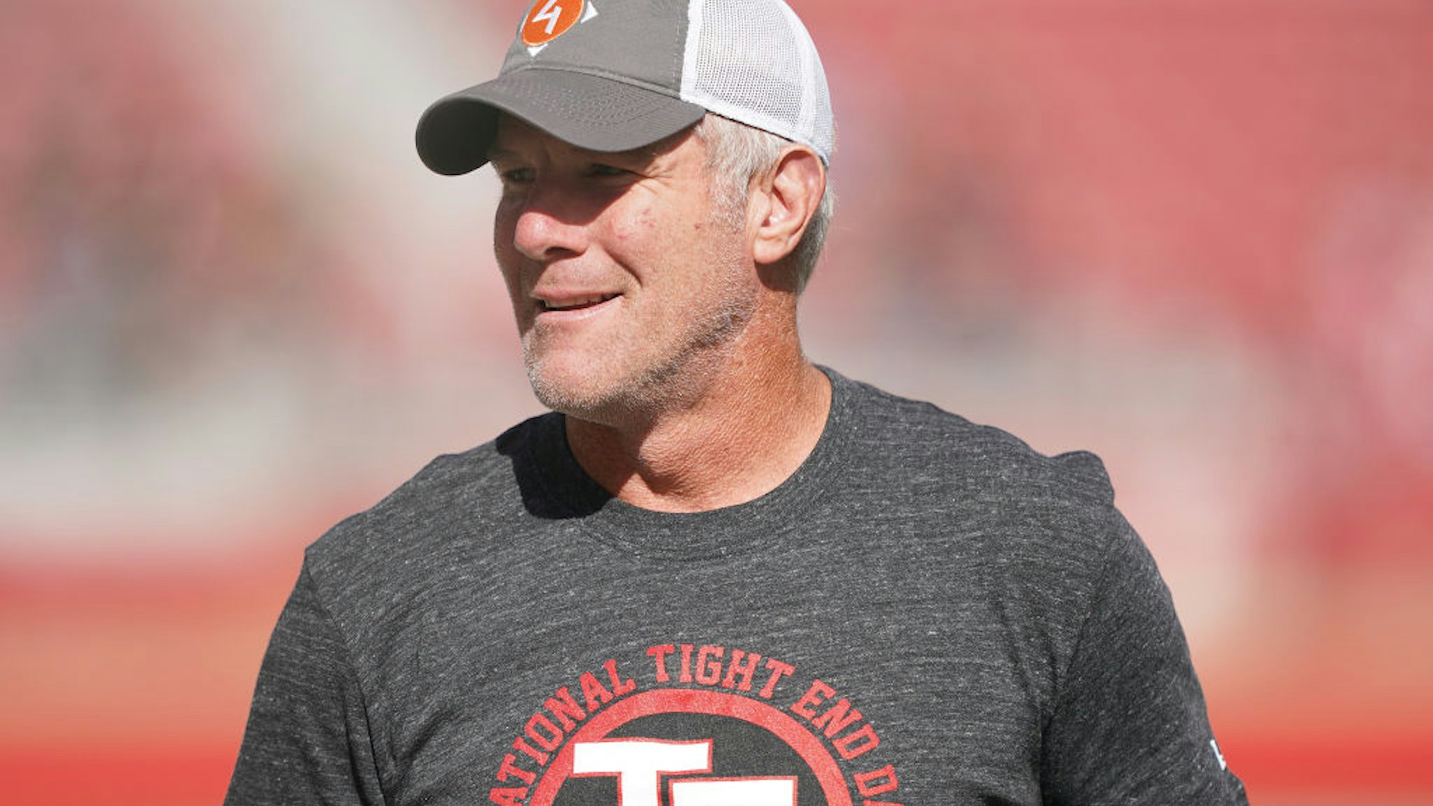 SANTA CLARA, CALIFORNIA - OCTOBER 27: Former NFL quarterback Brett Favre wears a t-shirt that reads "National Tight End Day" prior to the start of an NFL game between the Carolina Panthers and San Francisco 49ers at Levi's Stadium on October 27, 2019 in Santa Clara, California. (Photo by Thearon W. Henderson/Getty Images)