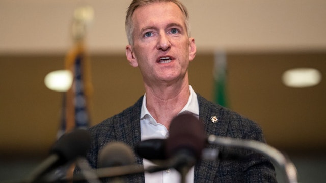 Portland Mayor Ted Wheeler speaks to the media at City Hall on August 30, 2020 in Portland, Oregon. A man was fatally shot Saturday night as a Pro-Trump rally clashed with Black Lives Matter protesters in downtown Portland.