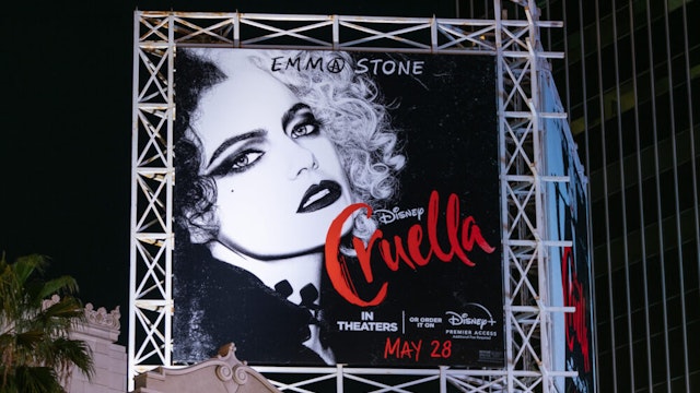 HOLLYWOOD, CA - APRIL 19: General view of a billboard above the El Capitan Entertainment Centre promoting Walt Disney Pictures 'Cruella' in theaters and Disney+ on April 19, 2021 in Hollywood, California.