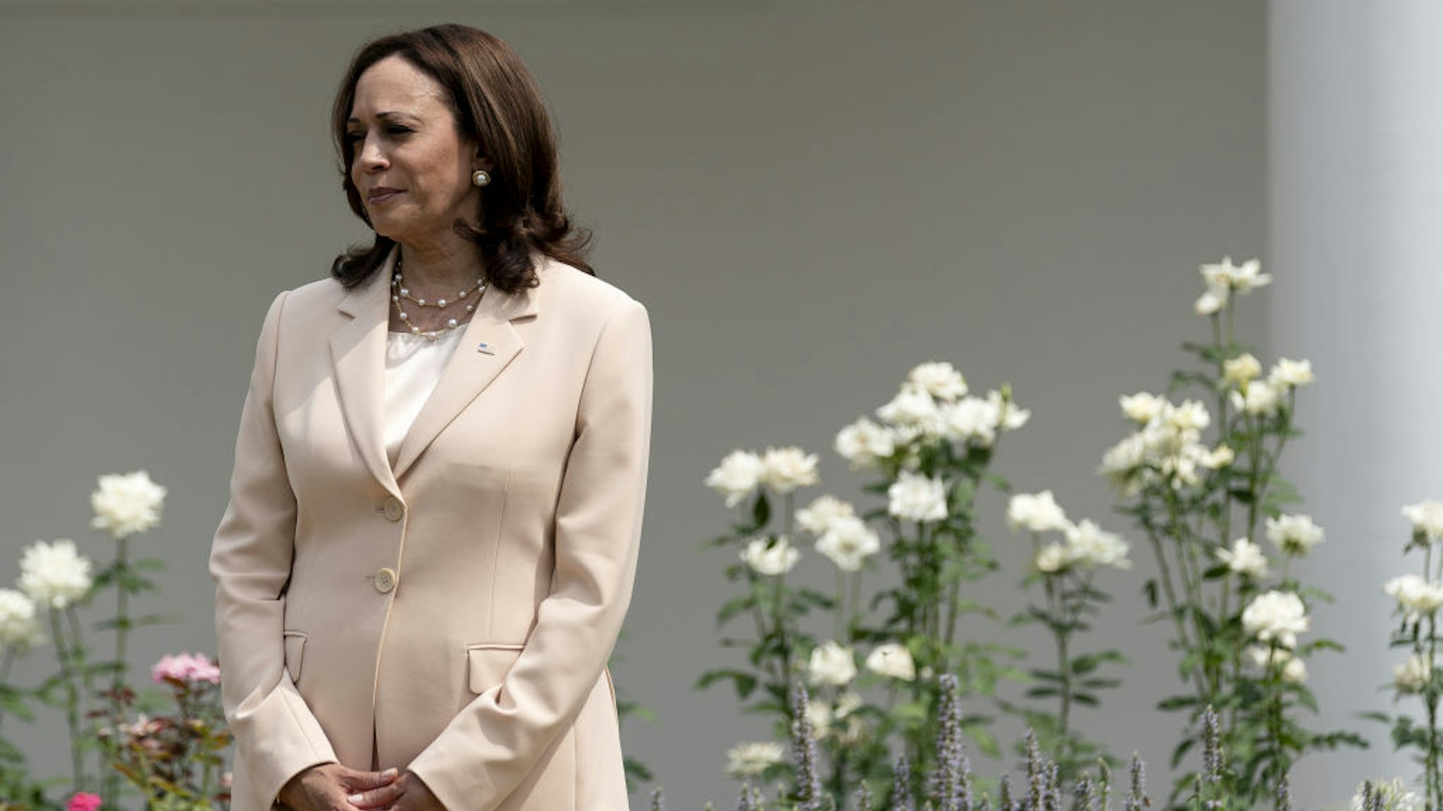 U.S. Vice President Kamala Harris listens during an event marking the 31st anniversary of the Americans with Disabilities Act (ADA) in the Rose Garden of the White House in Washington, D.C., U.S., on Monday, July 26, 2021.