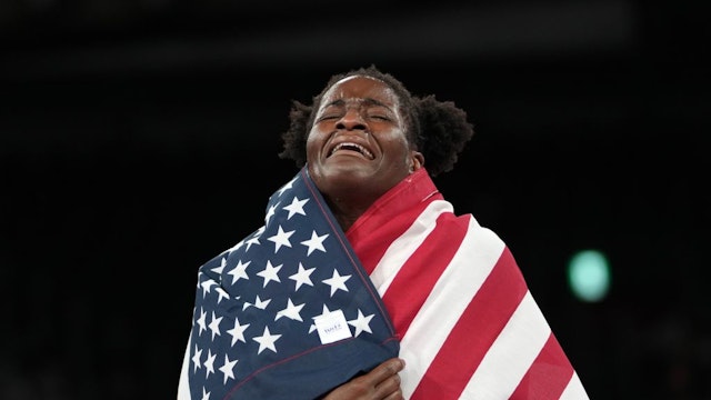 Tamyra Marianna Stock Mensah of the United States sheds tears after winning the women's freestyle 68kg gold medal of the wrestling competition at Tokyo 2020 Olympic Games in Chiba, Japan, Aug. 3, 2021. (Photo by Wang Yuguo/Xinhua via Getty Images)