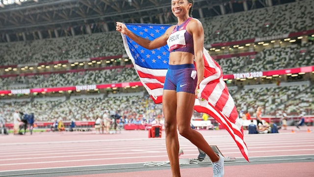 06 August 2021, Japan, Tokio: Athletics: Olympics, 400 m, women, final at the Olympic Stadium. Allyson Felix of the USA cheers after her run. Photo: Michael Kappeler/dpa (Photo by Michael Kappeler/picture alliance via Getty Images)