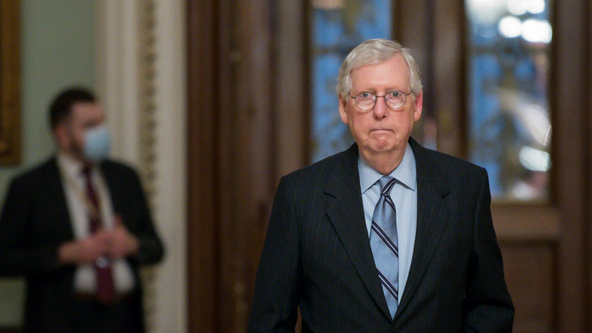 U.S. Senate Minority Leader Mitch McConnell (R-KY) leaves the Senate Chamber in the U.S. Capitol on August 11, 2021 in Washington, DC.