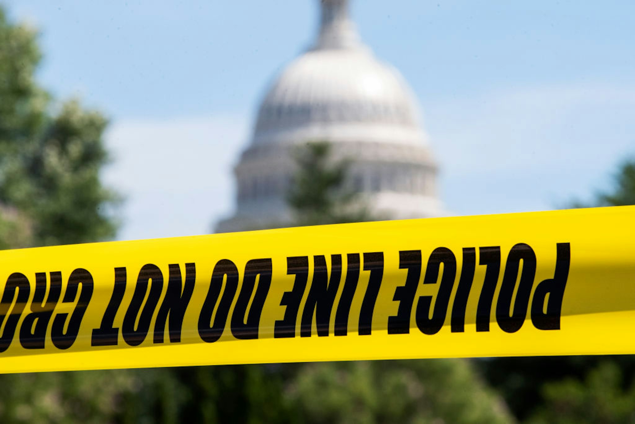 UNITED STATES - AUGUST 19: Police tape is seen on Independence Avenue, SW, during the active threat of a man claiming he has a bomb near the Library of Congress buildings on Thursday, August 19, 2021. (Photo By Tom Williams/CQ-Roll Call, Inc via Getty Images)