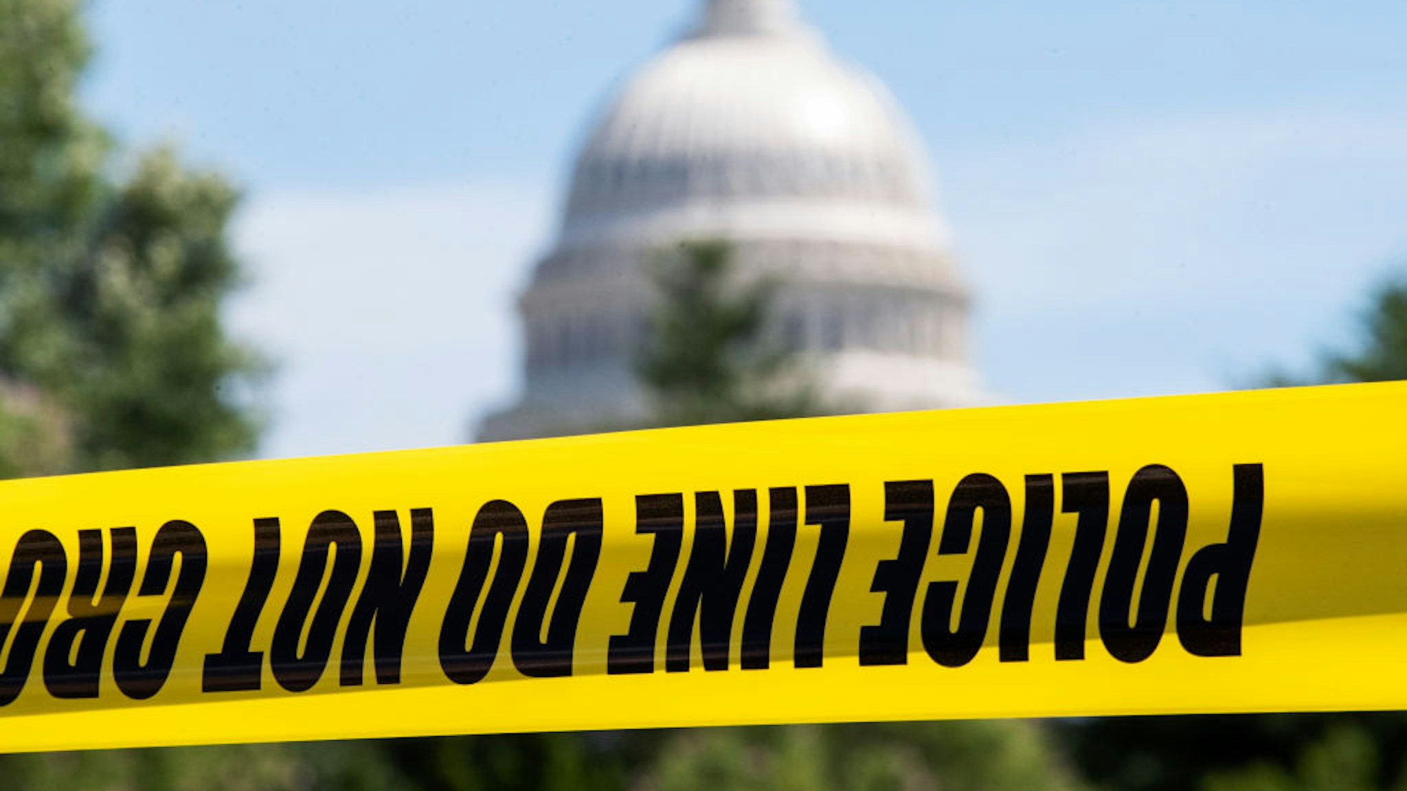 UNITED STATES - AUGUST 19: Police tape is seen on Independence Avenue, SW, during the active threat of a man claiming he has a bomb near the Library of Congress buildings on Thursday, August 19, 2021. (Photo By Tom Williams/CQ-Roll Call, Inc via Getty Images)