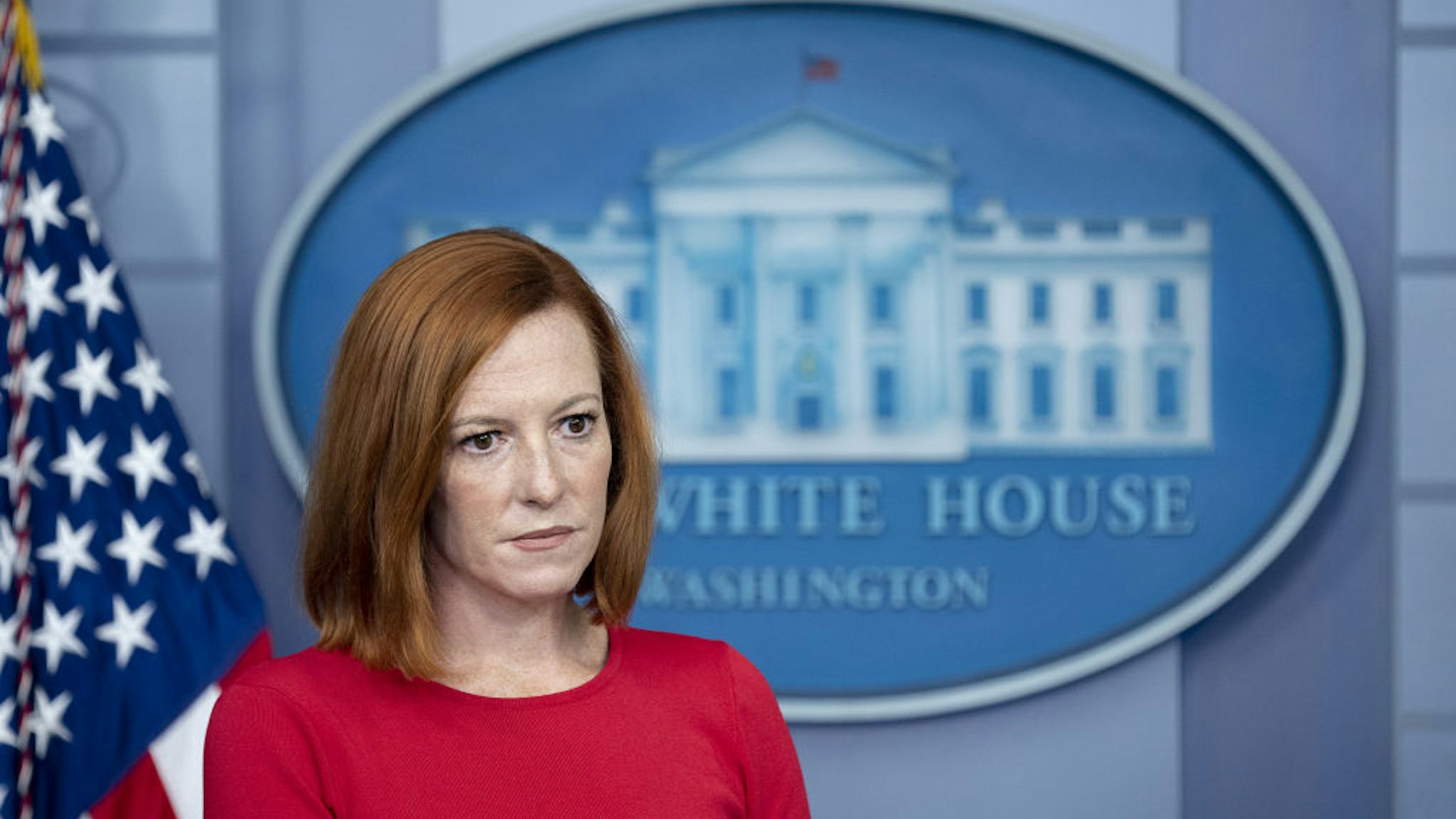 Jen Psaki, White House press secretary, pauses during a news conference in the James S. Brady Press Briefing Room at the White House in Washington, D.C., U.S., on Wednesday, Aug. 25, 2021