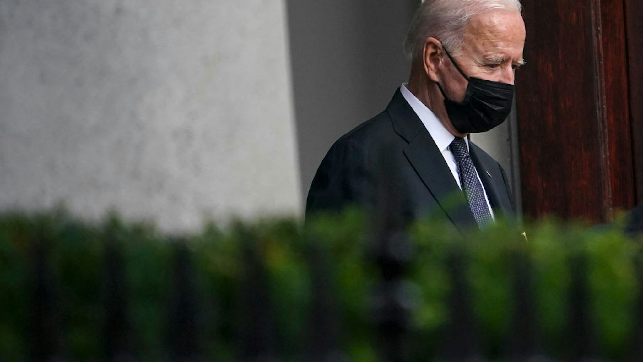 S President Joe Biden leaves the Holy Trinity church in the Georgetown neighborhood of Washington, DC after attending mass there on August 29, 2021. (Photo by ANDREW CABALLERO-REYNOLDS / AFP) (Photo by ANDREW CABALLERO-REYNOLDS/AFP via Getty Images)