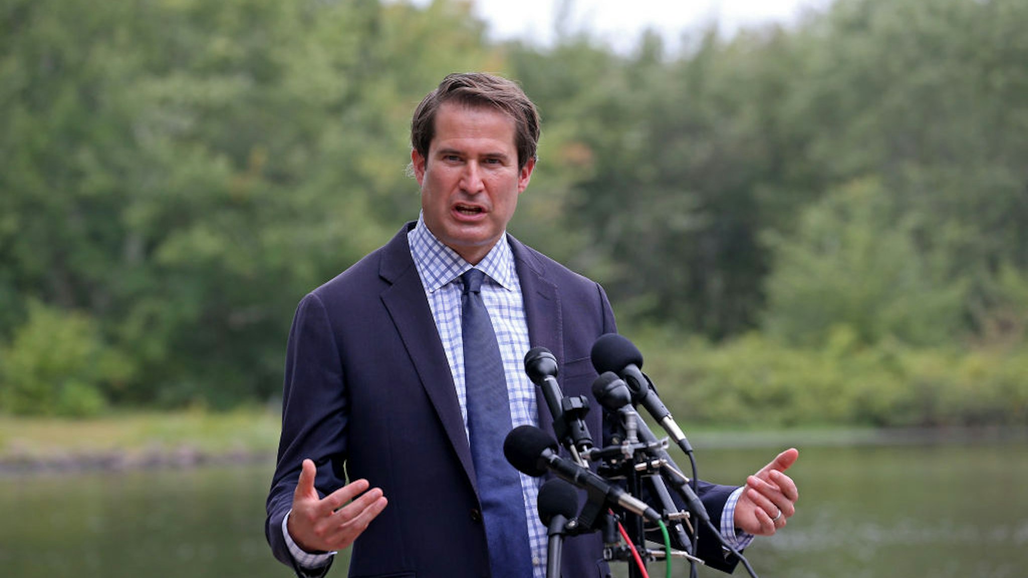 BEDFORD, MA. - SEPTEMBER 10: Congressman Seth Moulton speaks during a press conference in response to reports of President Trump"u2019s disparaging comments about U.S. service members who have died in combat on September 10, 2020 in Bedford, Massachusetts. (Staff Photo By Matt Stone/ MediaNews Group/Boston Herald)
