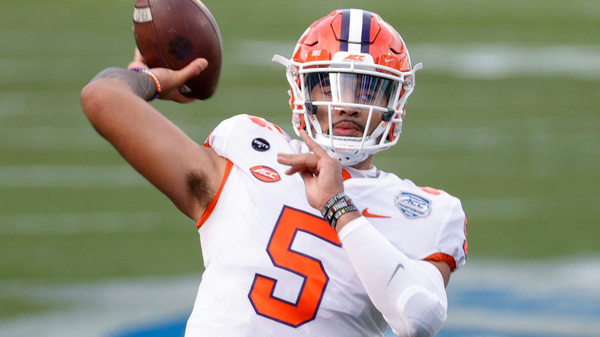 CHARLOTTE, NORTH CAROLINA - DECEMBER 19: Quarterback D.J. Uiagalelei #5 of the Clemson Tigers warms up before the ACC Championship game against the Notre Dame Fighting Irish at Bank of America Stadium on December 19, 2020 in Charlotte, North Carolina. (Photo by Jared C. Tilton/Getty Images)
