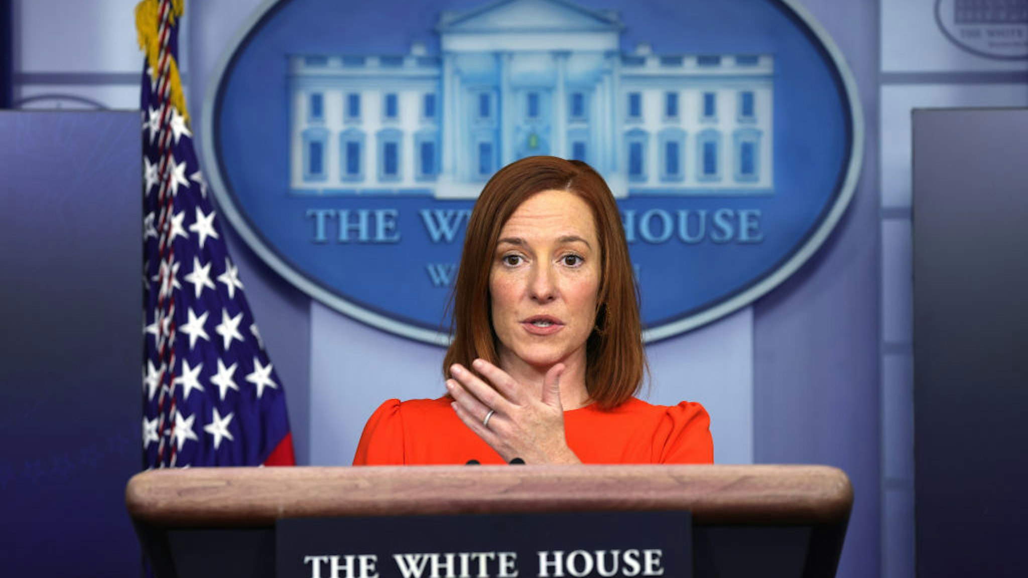 WASHINGTON, DC - JANUARY 21: White House Press Secretary Jen Psaki speaks during a press briefing at the James Brady Press Briefing Room of the White House January 21, 2021 in Washington, DC. Psaki held her second press briefing since President Joe Biden took office yesterday. (Photo by Alex Wong/Getty Images)