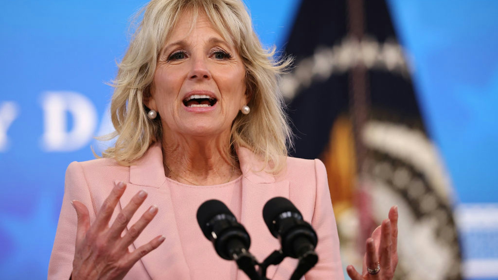 U.S. first lady Jill Biden delivers remarks during an Equal Pay Day event in the South Court Auditorium in the Eisenhower Executive Office Building on March 24, 2021 in Washington, DC.