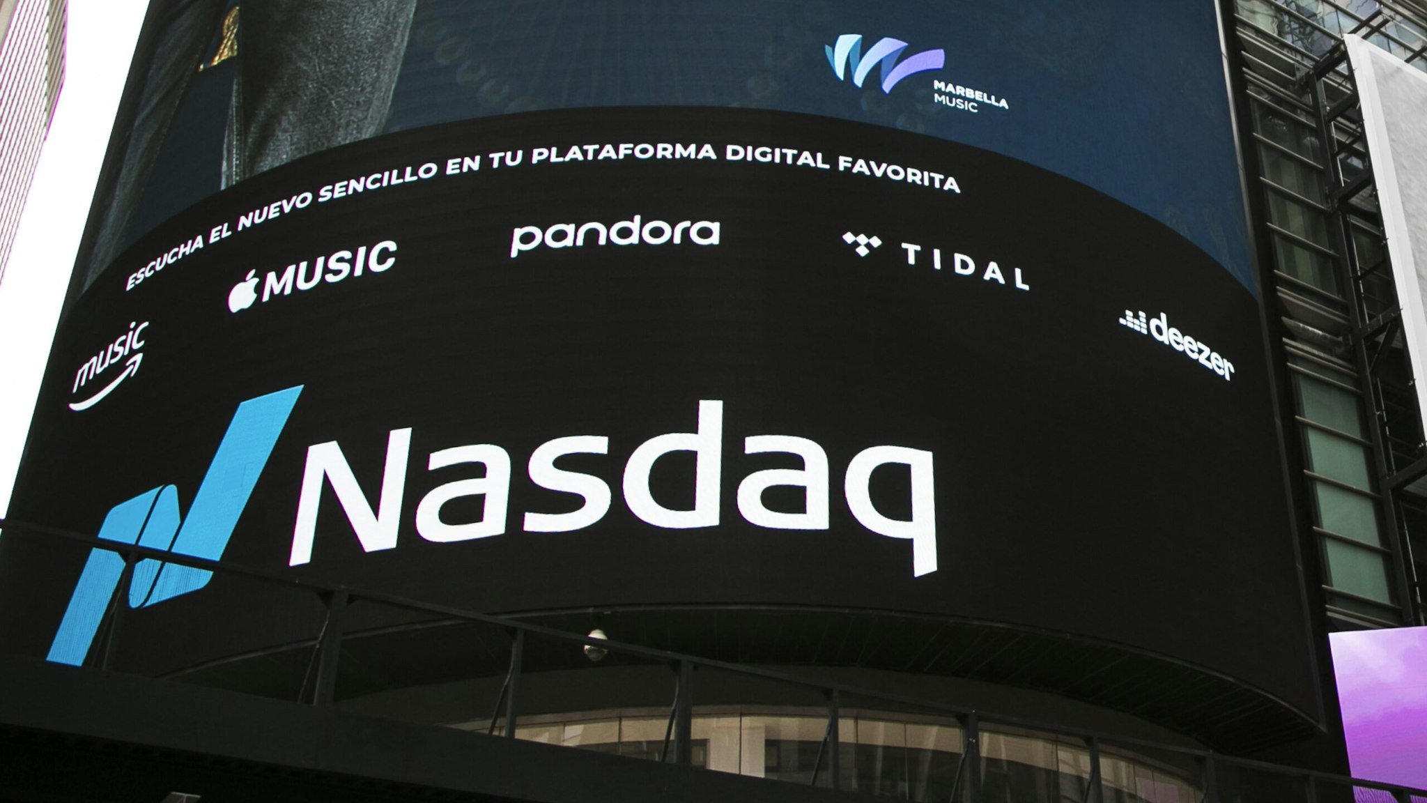 NEW YORK, NY - May 10: View of the Nasdaq Building in Times Square on May 10, 2021 in New York City. The Nasdaq company falls sharply as rising commodity prices renew concerns about rising inflation.