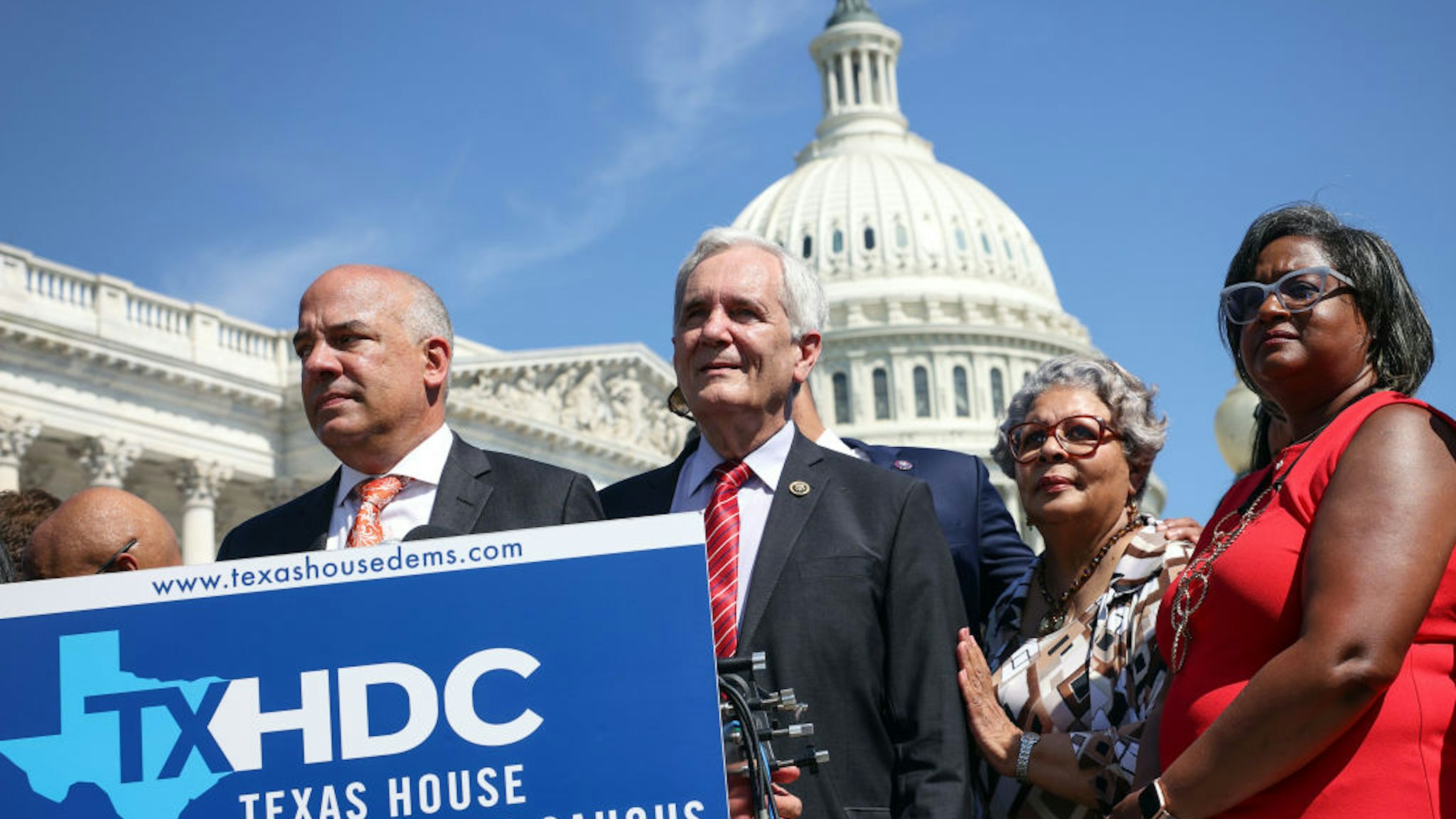 Texas State Democrats (L-R) Democratic Chair Rep. Chris Turner (TX-101), Rep. Rafael Anchia (TX-103), Rep. Senfronia Thompson (TX-141), and Rep. Rhetta Bowers (TX-113) speak during a news conference on voting rights outside the U.S. Capitol on July 13, 2021 in Washington, DC.