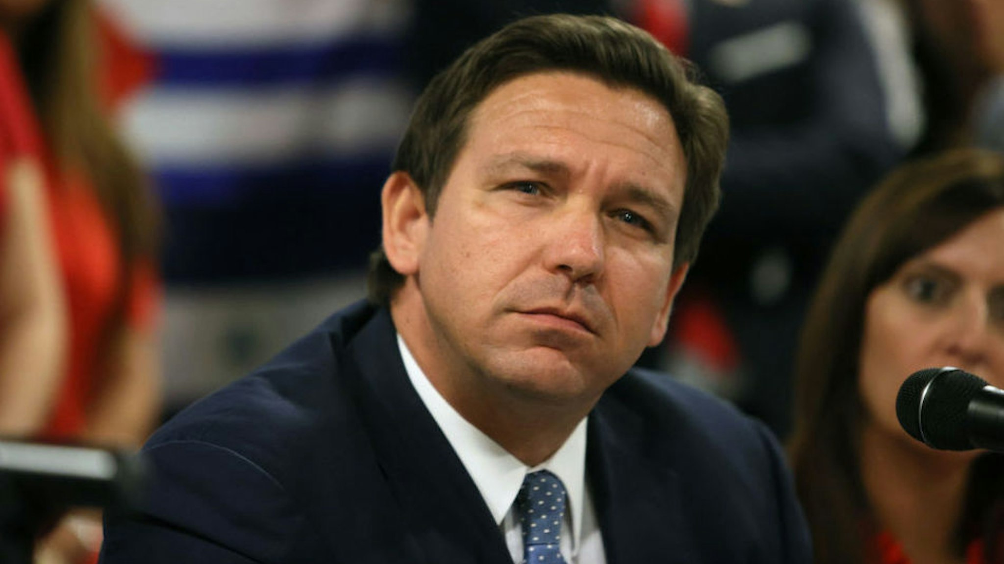 Florida Gov. Ron DeSantis takes part in a roundtable discussion about the uprising in Cuba at the American Museum of the Cuba Diaspora on July 13, 2021 in Miami, Florida.