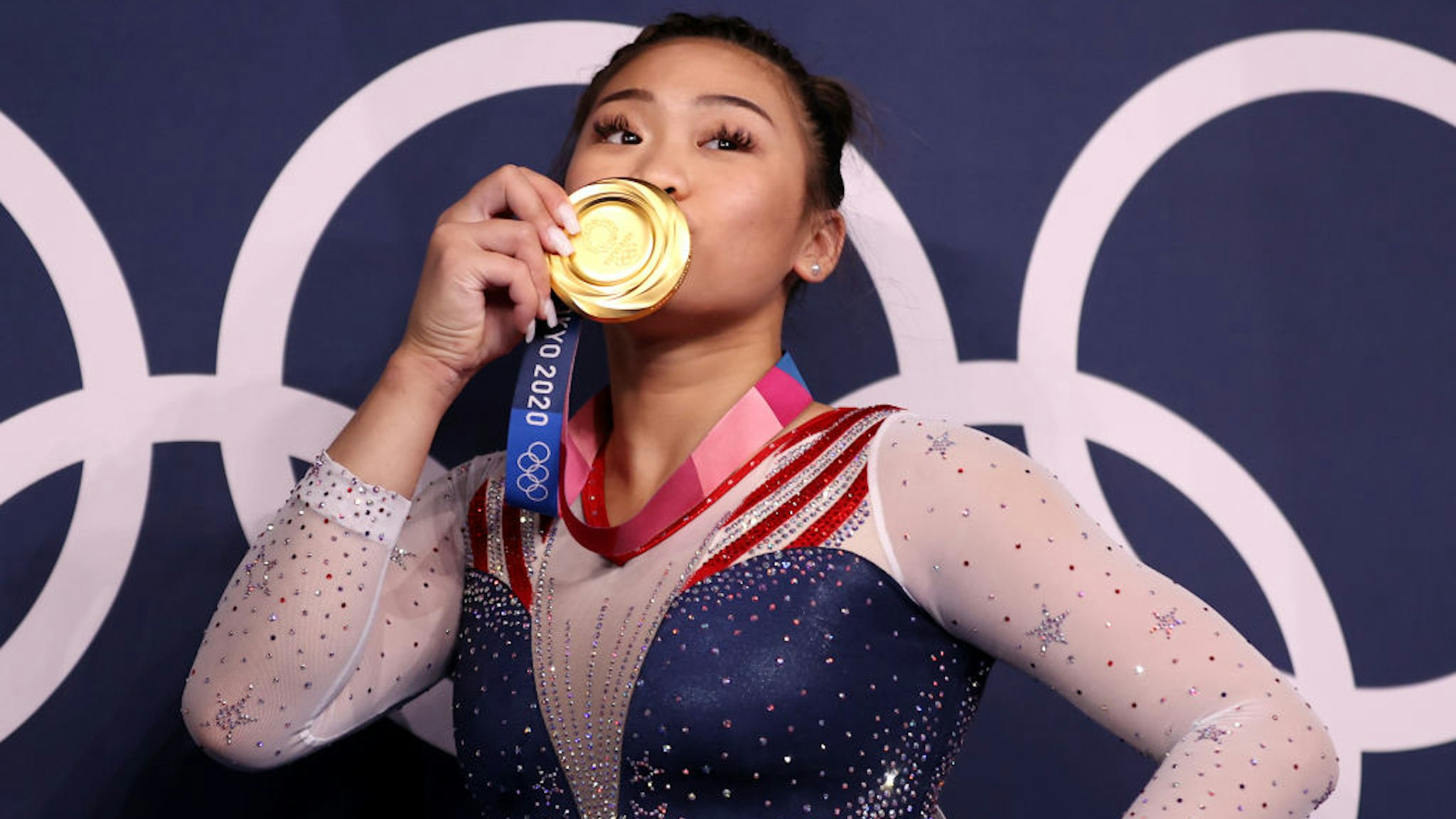 TOKYO, JAPAN - JULY 29: Sunisa Lee of Team United States poses with her gold medal after winning the Women's All-Around Final on day six of the Tokyo 2020 Olympic Games at Ariake Gymnastics Centre on July 29, 2021 in Tokyo, Japan. (Photo by Laurence Griffiths/Getty Images)