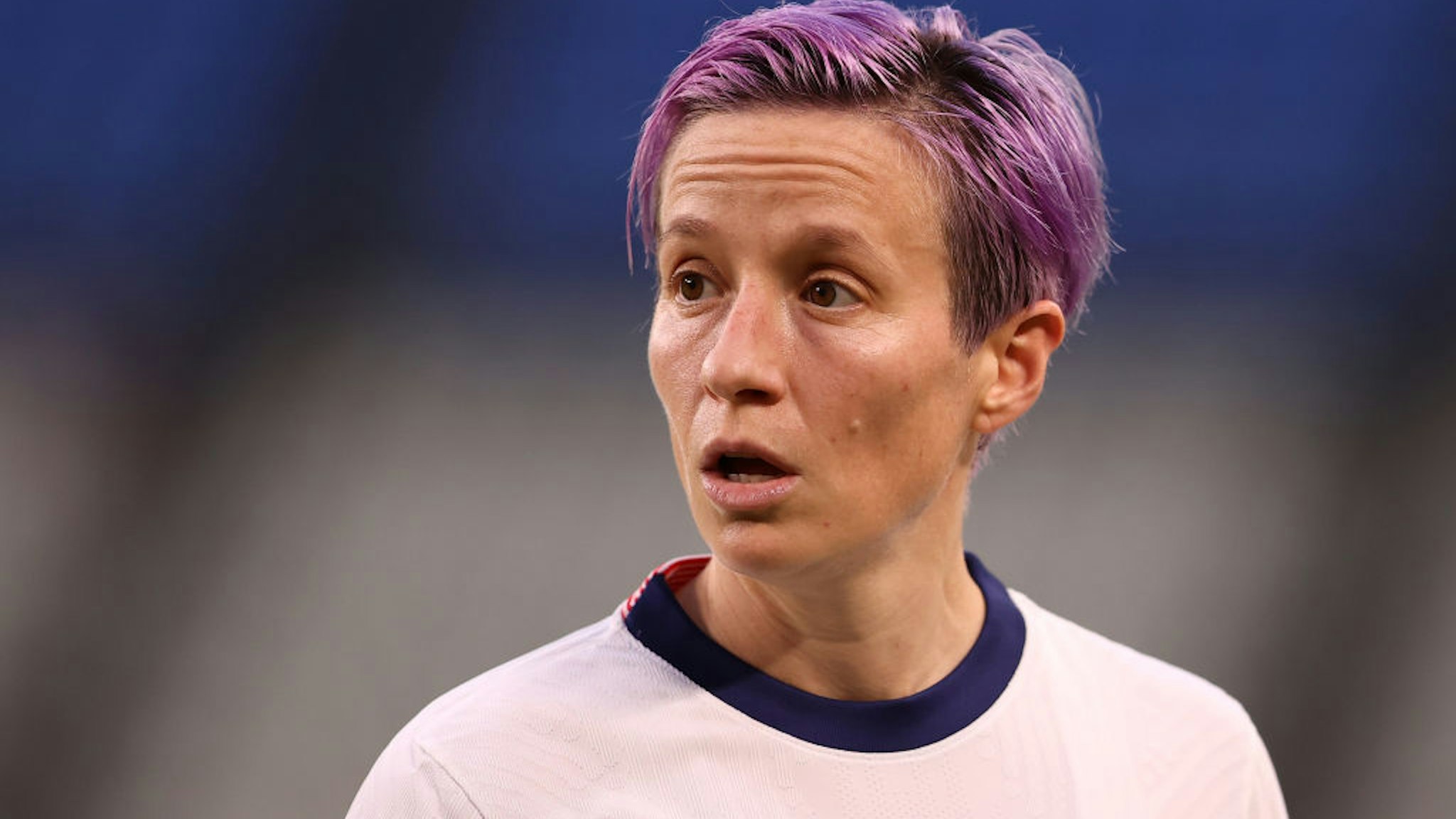 Megan Rapinoe #15 of Team United States looks on during the Women's Semi-Final match between USA and Canada on day ten of the Tokyo Olympic Games at Kashima Stadium on August 02, 2021 in Kashima, Ibaraki, Japan.
