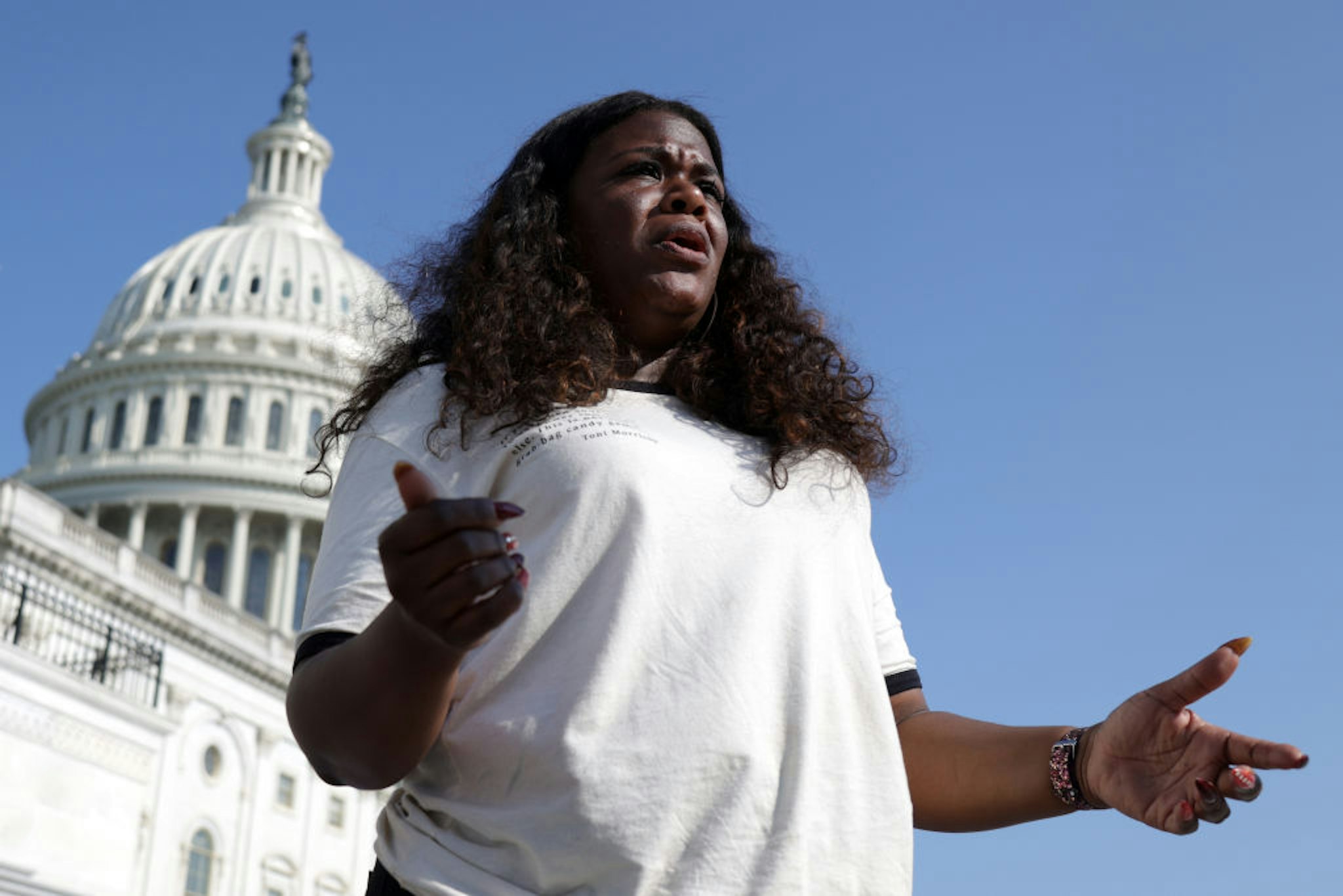 U.S. Cori Bush (D-MO) speaks to a reporter outside the U.S. Capitol August 2, 2021 in Washington, DC. Rep. Bush has been camping out at the front steps of the U.S. Capitol to protest the ending of the eviction moratorium.