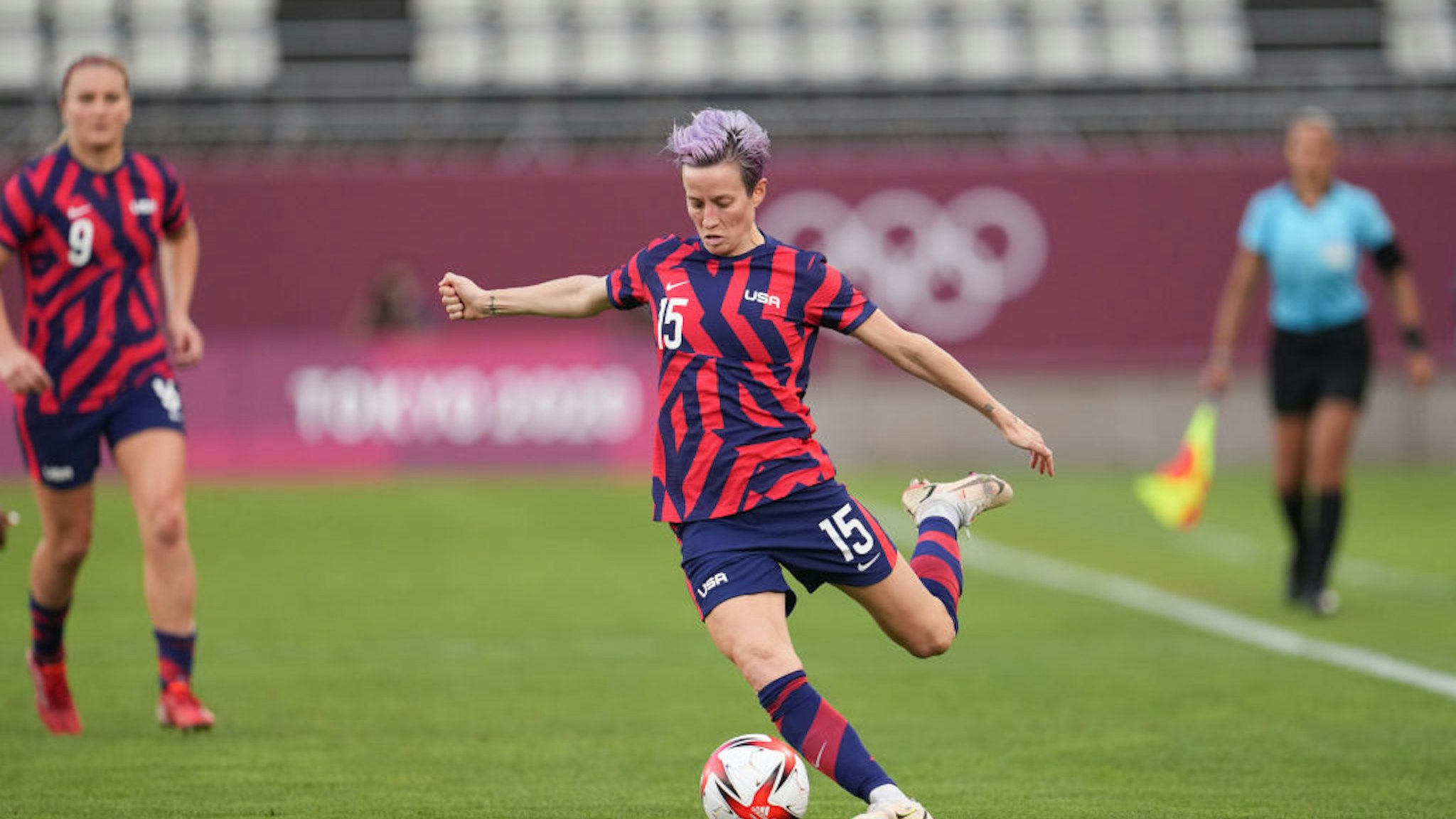 KASHIMA, JAPAN - AUGUST 5: Megan Rapinoe #15 of the United States during a game between Australia and USWNT at Kashima Soccer Stadium on August 5, 2021 in Kashima, Japan. (Photo by Brad Smith/ISI Photos/Getty Images)