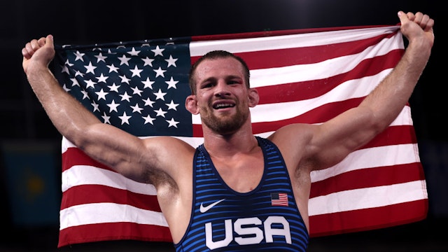 David Morris Taylor III of Team United States celebrates his victory over Hassan Yazdanicharati of Team Iran during the Men's Freestyle 86kg Final on day thirteen of the Tokyo 2020 Olympic Games at Makuhari Messe Hall on August 05, 2021 in Chiba, Japan.