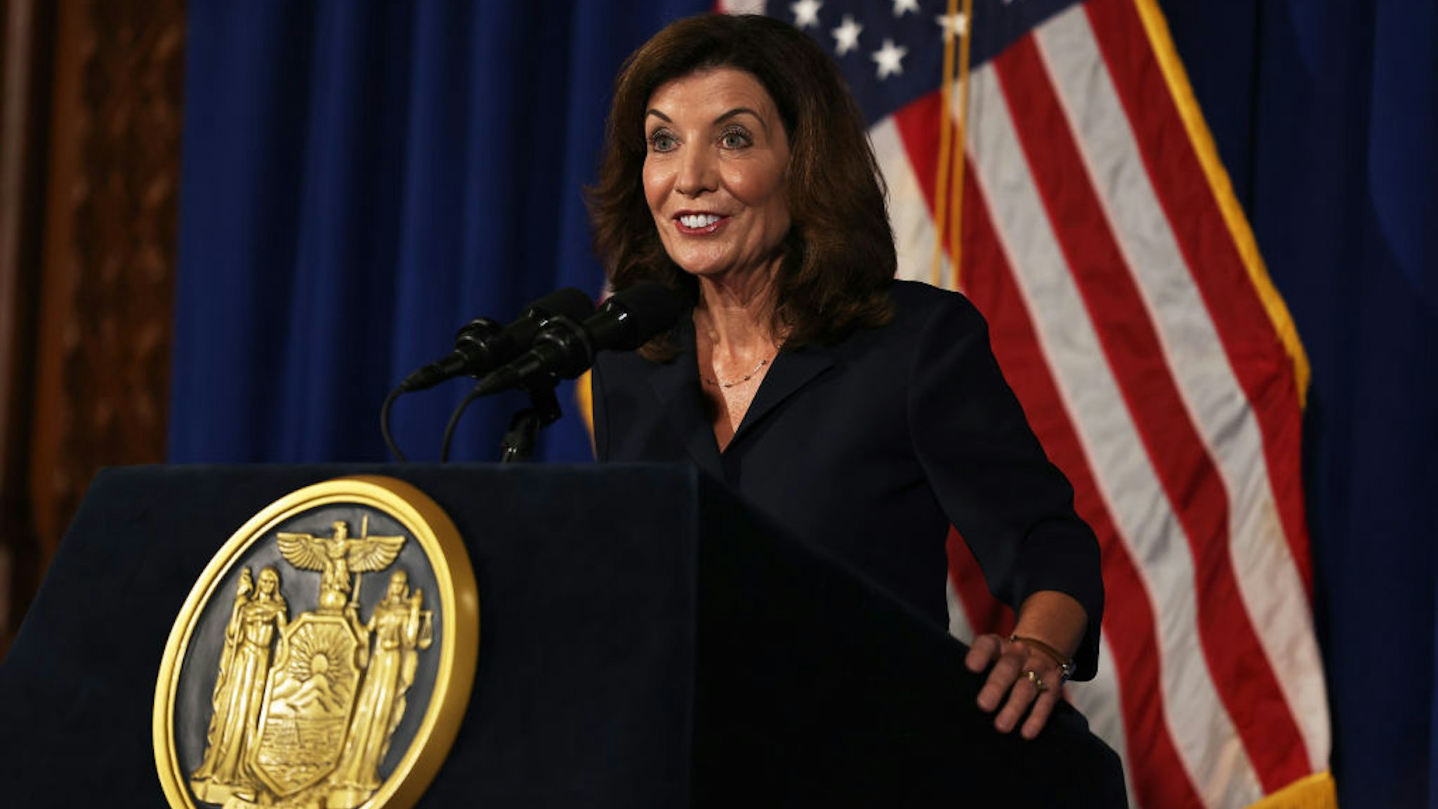 Lt. Gov. Kathy Hochul speaks during a press conference at the New York State Capitol on August 11, 2021 in Albany City.