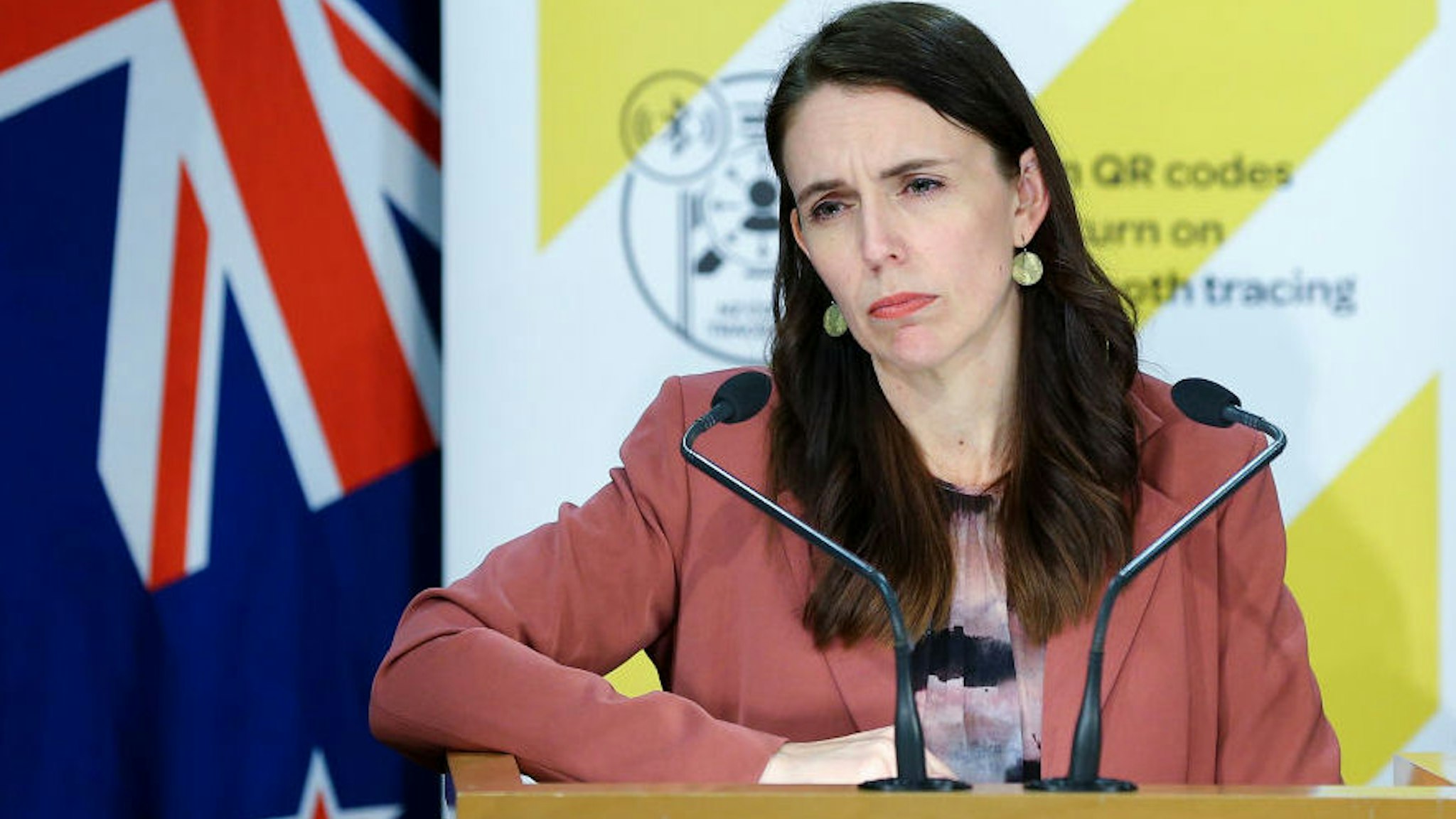 Prime Minister Jacinda Ardern looks on during a press conference at Parliament on August 17, 2021 in Wellington, New Zealand.