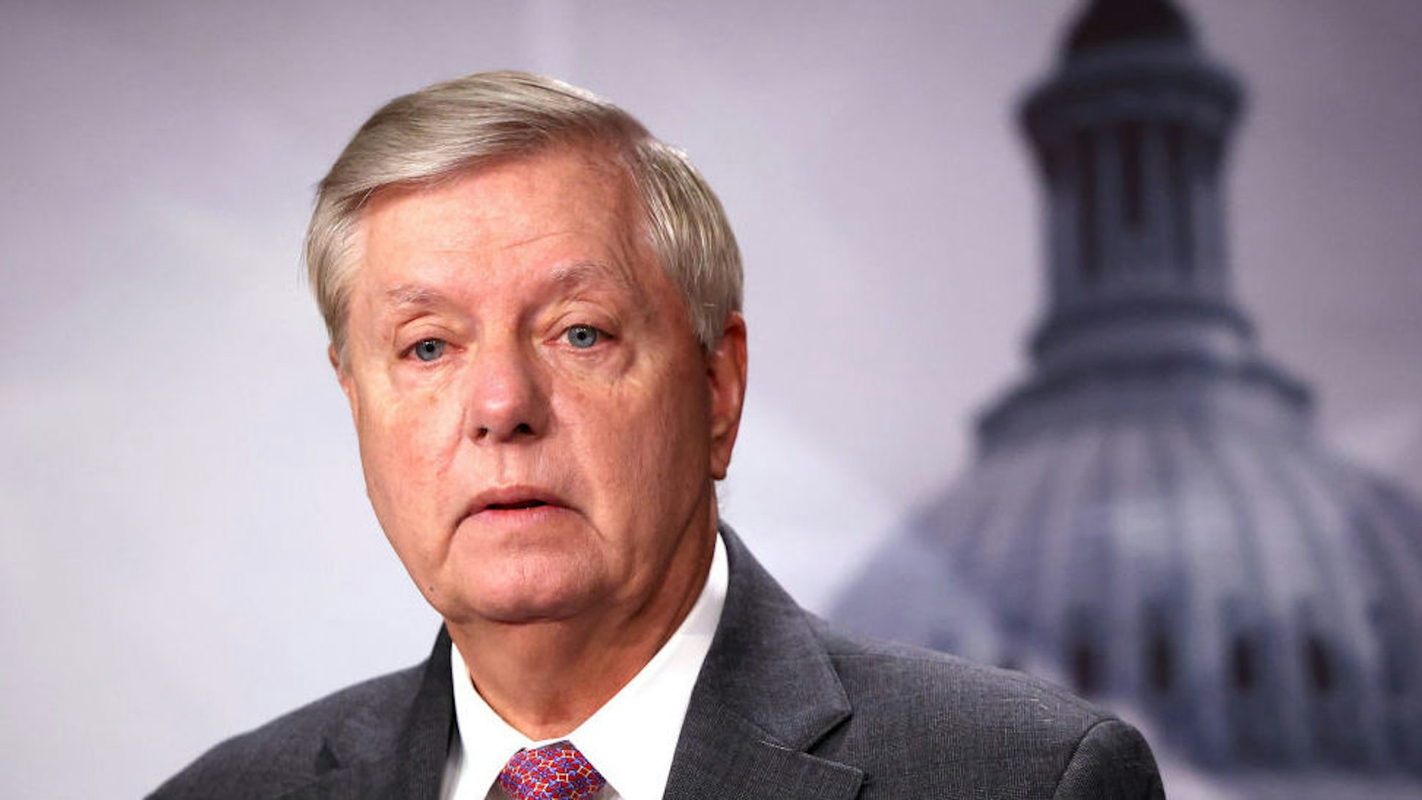 WASHINGTON, DC - JULY 30: U.S. Sen. Lindsey Graham (R-SC) speaks on southern border security and illegal immigration, during a news conference at the U.S. Capitol on July 30, 2021 in Washington, DC. Graham urged the Biden administration to name former Homeland Security Secretary Jeh Johnson as a border czar. (Photo by