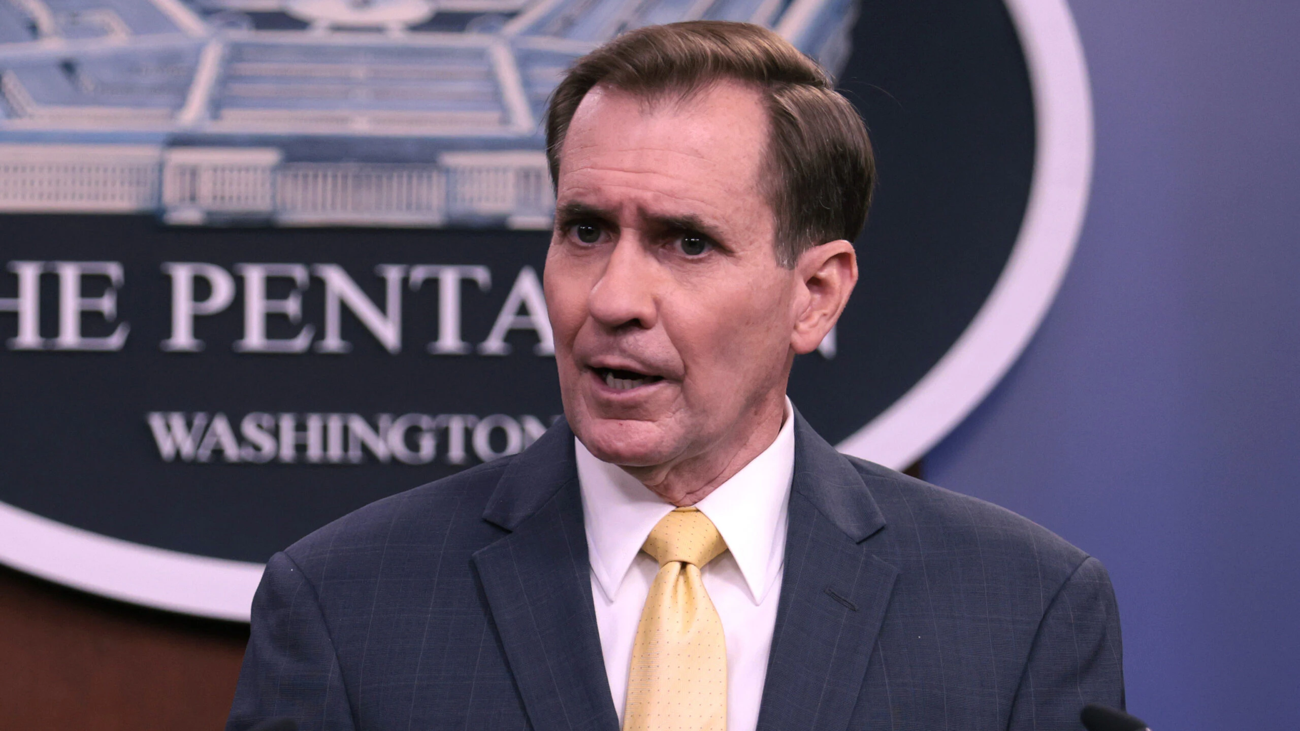 ARLINGTON, VIRGINIA - AUGUST 30: U.S. Department of Defense Press Secretary John Kirby speaks at a press briefing as U.S. Department of Defense Press Secretary John Kirby listens on August 30, 2021 in Arlington, Virginia. As the deadline to withdraw from Kabul, Afghanistan looms, the U.S. military conducted a drone strike against a car packed with explosives and also intercepted rockets aimed at the Hamid Karzai International Airport.