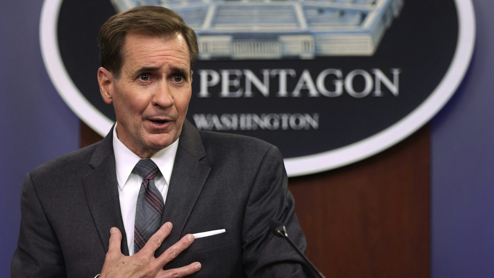 ARLINGTON, VIRGINIA - AUGUST 13: U.S. Department of Defense Press Secretary John Kirby participates in a news briefing at the Pentagon August 13, 2021 in Arlington, Virginia. Kirby discussed the deployment of 3,000 troops to Afghanistan to help to evacuate U.S. embassy personnel as the Taliban seized control of Kandahar and Herat, the second and third largest cities in Afghanistan, just weeks prior to President Joe Biden's plan to completely withdraw U.S. troops there.
