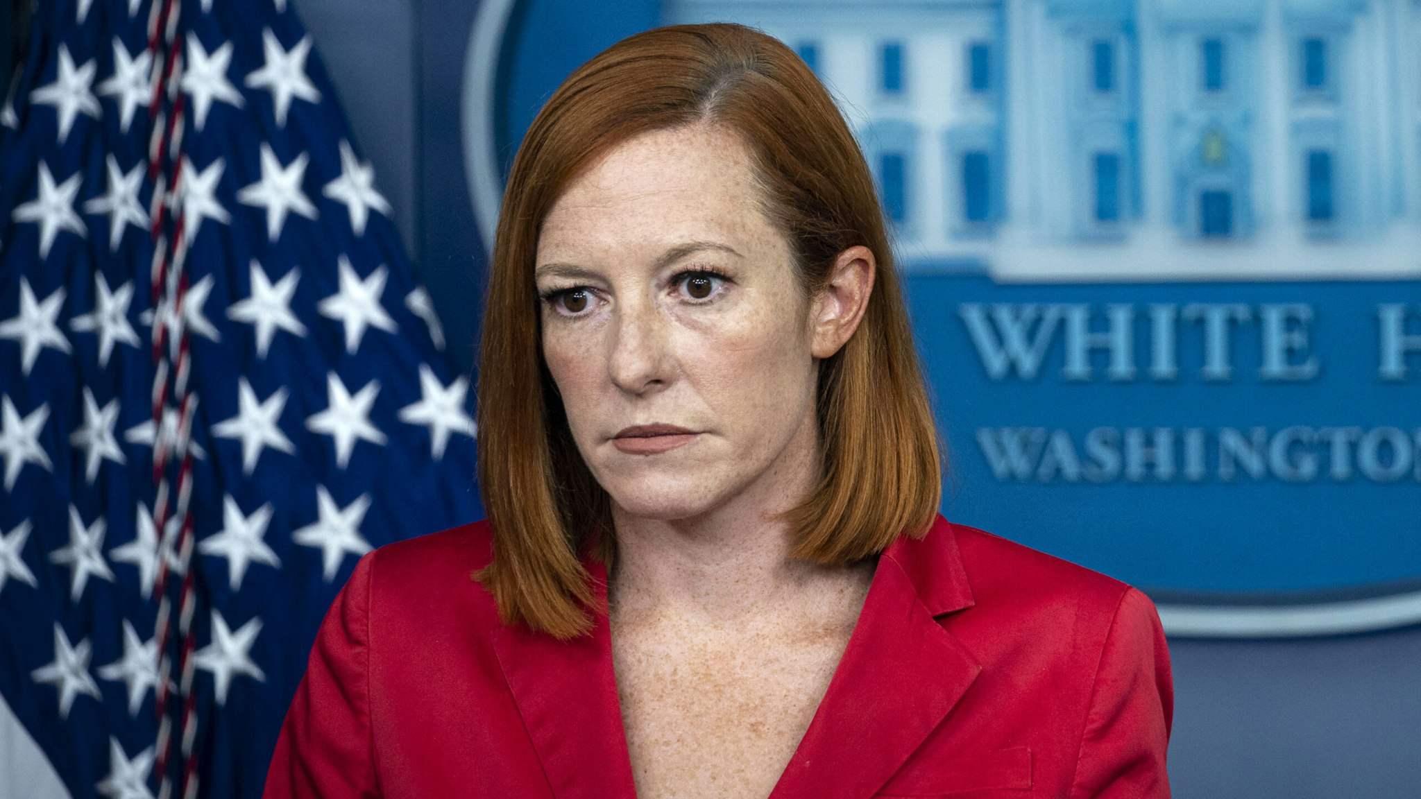 Jen Psaki, White House press secretary, during a news conference in the James S. Brady Press Briefing Room at the White House in Washington, D.C., U.S., on Thursday, Aug. 5, 2021. The Biden administration's decision to give renters affected by the worsening pandemic a two-month eviction reprieve risks pushing a housing crisis into the fall if states fail to accelerate distribution of billions in rent relief.