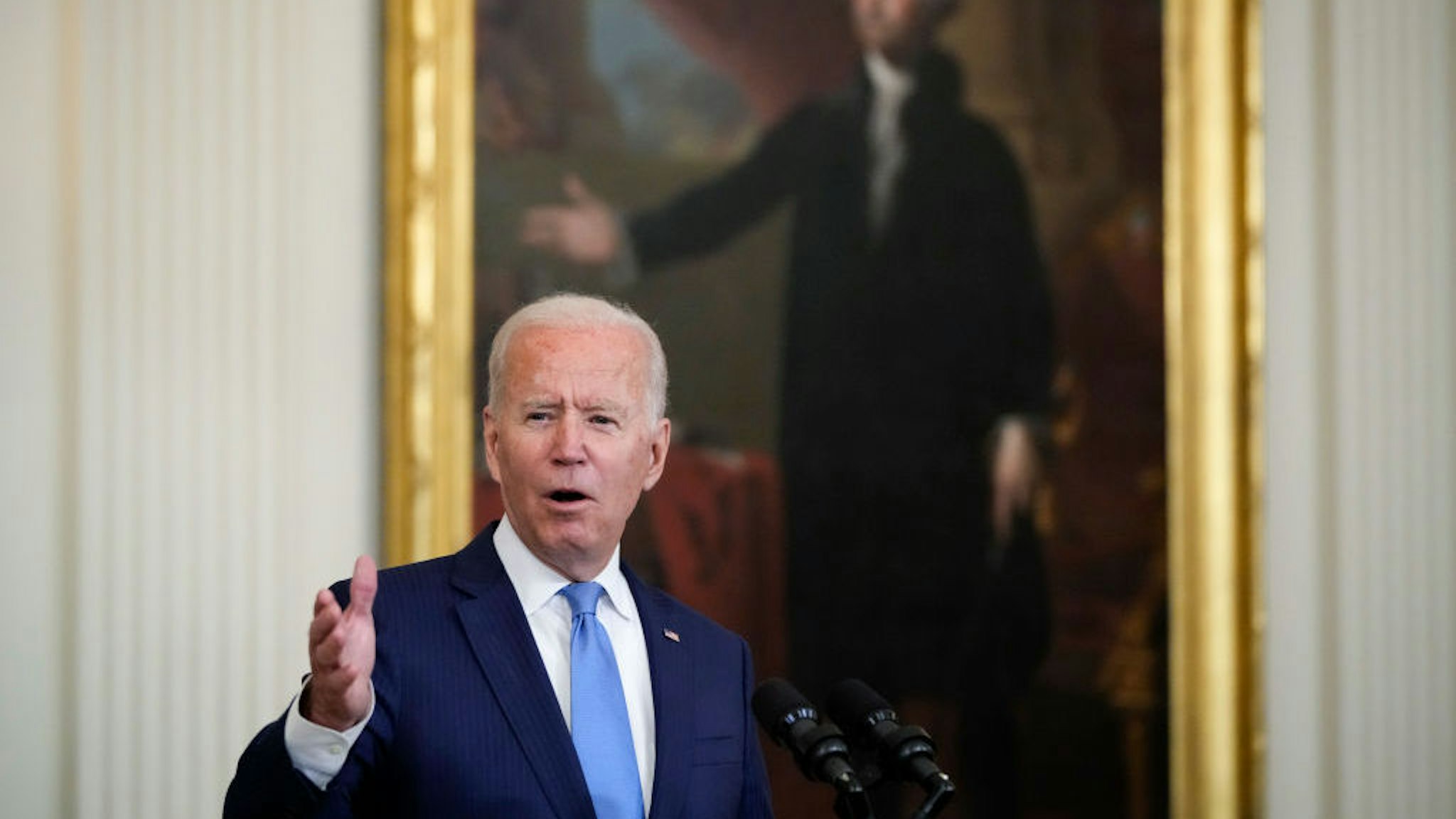 WASHINGTON, DC - AUGUST 23: U.S. President Joe Biden speaks during an event to honor the 2020 WNBA champions Seattle Storm in the East Room of the White House on August 23, 2021 in Washington, DC. The Storm defeated the Last Vegas Aces in the 2020 WNBA Finals to win their 4th title as a franchise. (Photo by Drew Angerer/Getty Images)