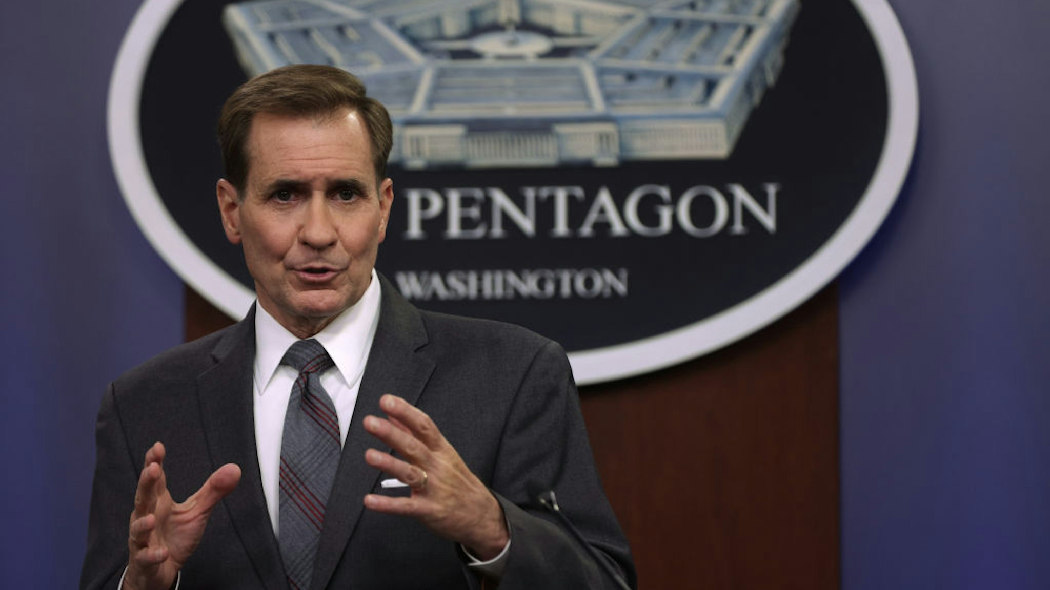 ARLINGTON, VIRGINIA - AUGUST 13: U.S. Department of Defense Press Secretary John Kirby participates in a news briefing at the Pentagon August 13, 2021 in Arlington, Virginia. Kirby discussed the deployment of 3,000 troops to Afghanistan to help to evacuate U.S. embassy personnel as the Taliban seized control of Kandahar and Herat, the second and third largest cities in Afghanistan, just weeks prior to President Joe Biden's plan to completely withdraw U.S. troops there. (Photo by Alex Wong/Getty Images)