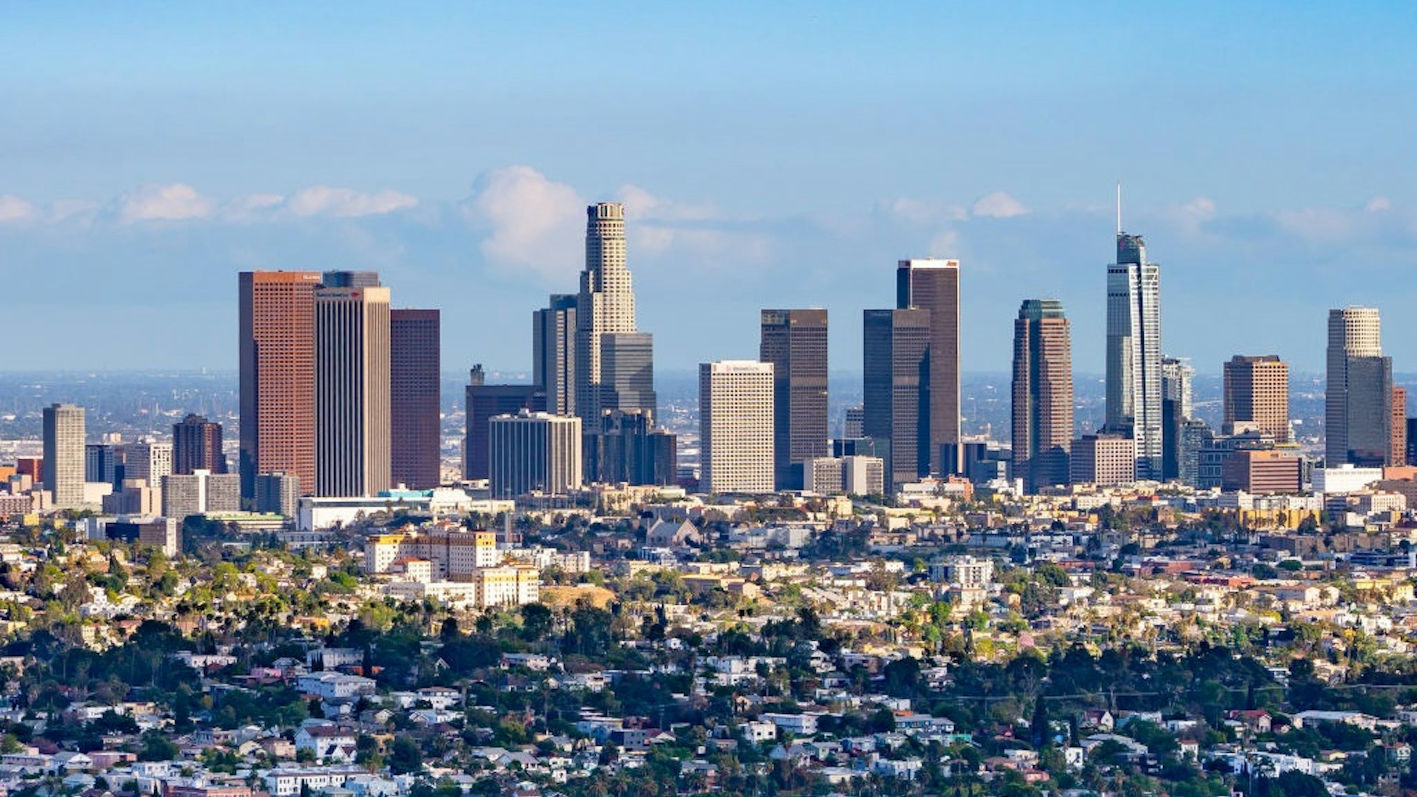 LOS ANGELES, CA - APRIL 26: General view of the Downtown Los Angeles skyline on April 26, 2021 in Los Angeles, California.
