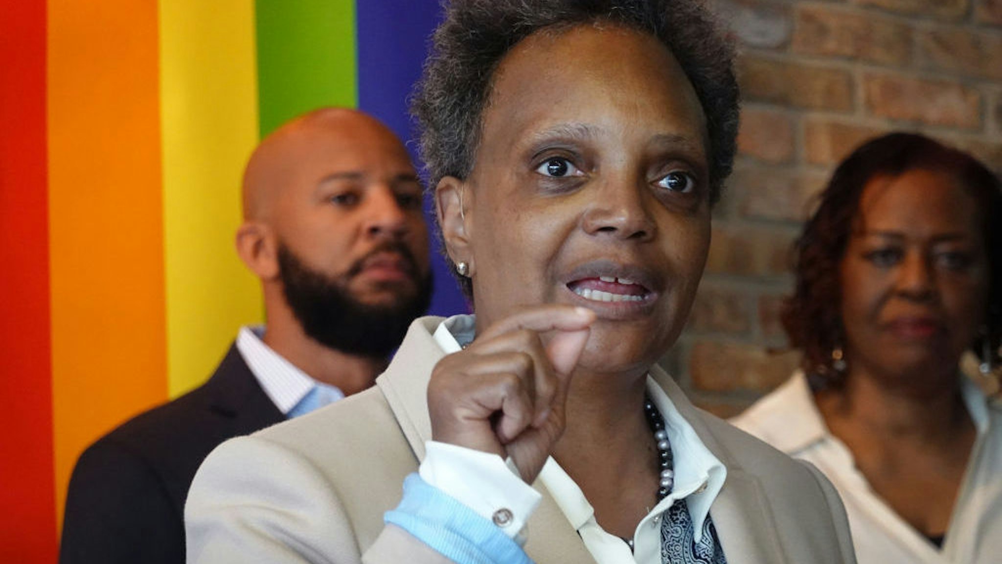 CHICAGO, ILLINOIS - JUNE 07: Chicago Mayor Lori Lightfoot speaks to guests at an event held to celebrate Pride Month at the Center on Halstead, a lesbian, gay, bisexual, and transgender community center, on June 07, 2021 in Chicago, Illinois. Lightfoot is the first openly gay mayor of the city of Chicago. (Photo by Scott Olson/Getty Images)