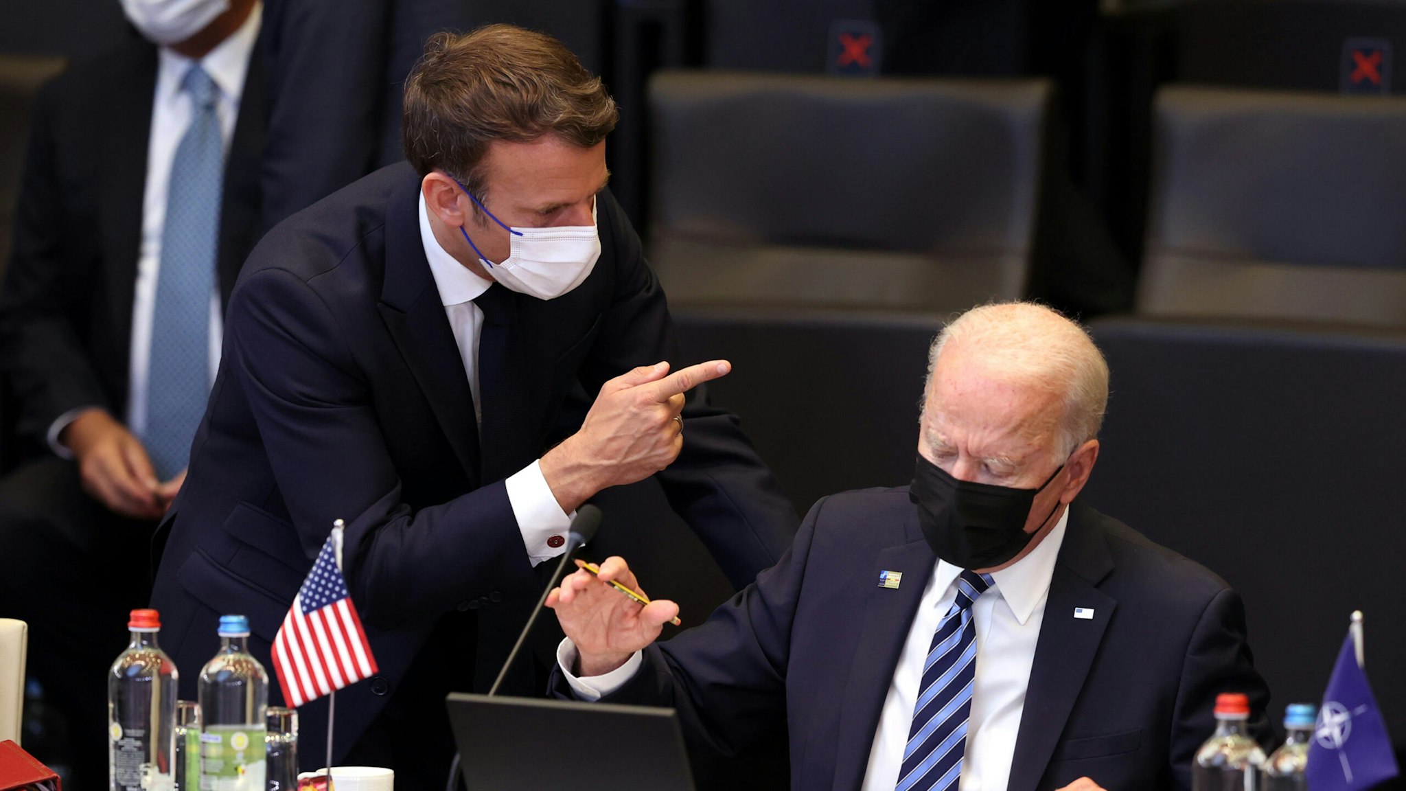 BRUSSELS, BELGIUM - JUNE 14: US President Joe Biden (R) and French President Emmanuel Macron (L) have a conversation ahead of the NATO summit at the North Atlantic Treaty Organization (NATO) headquarters in Brussels, on June 14, 2021.