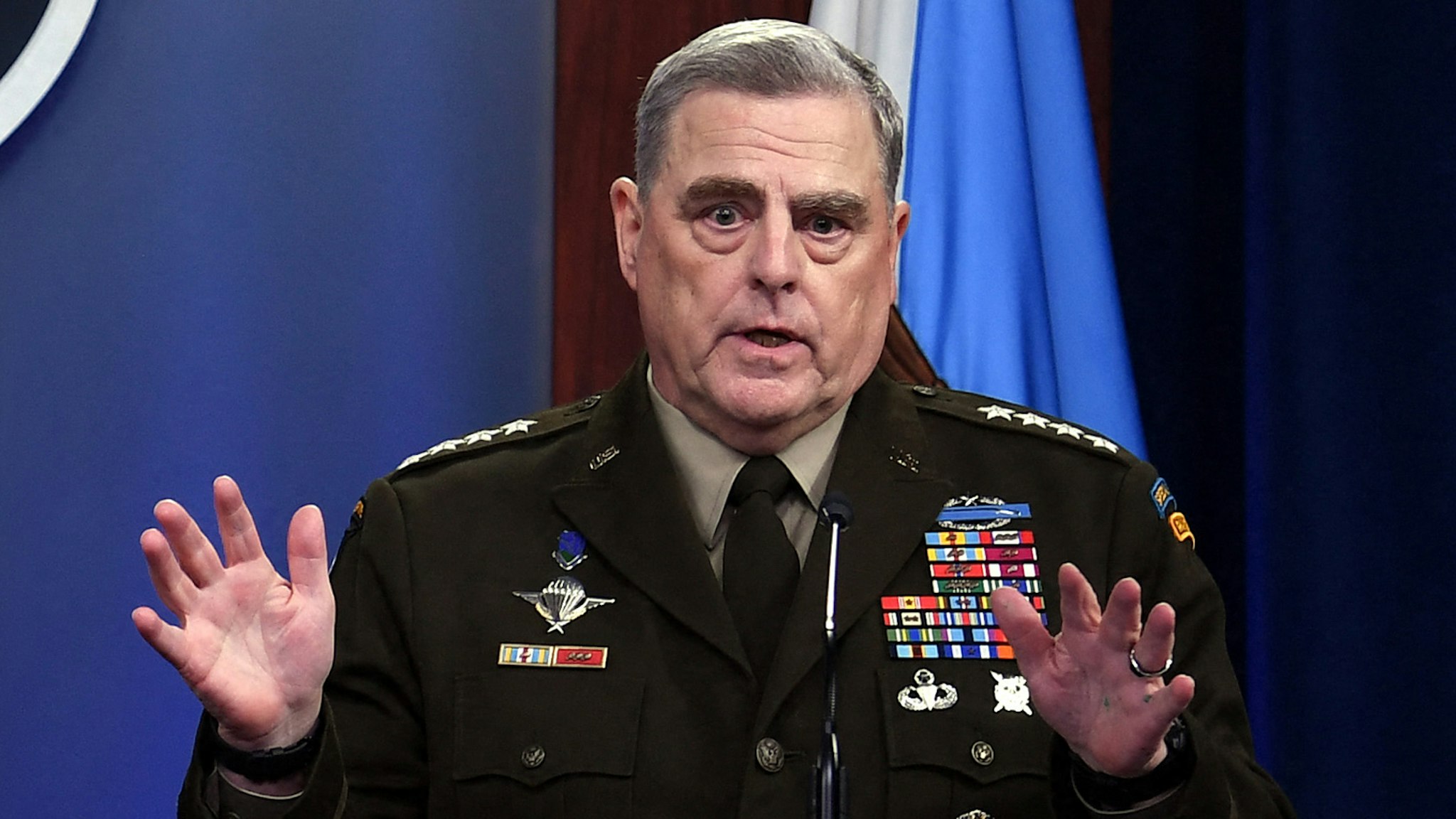 US Defense Secretary Lloyd Austin (L) and Chairman of the Joint Chiefs of Staff, General Mark Milley, hold a press conference on July 21, 2021, at The Pentagon in Washington, DC.