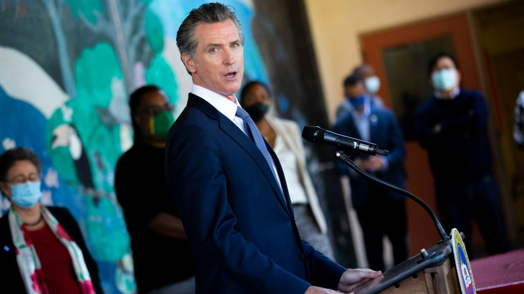OAKLAND, CA - AUGUST 11: California Gov. Gavin Newsom during a news conference at Carl B. Munck Elementary School, Wednesday, Aug. 11, 2021, in Oakland, Calif.