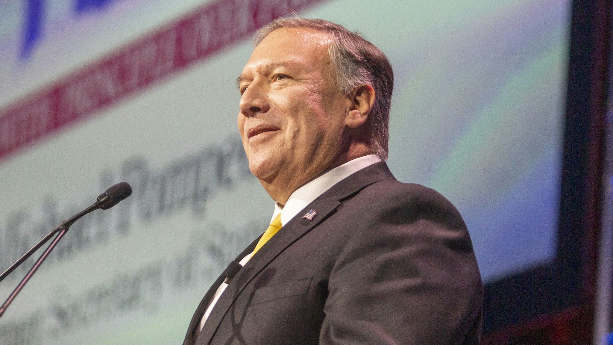 Michael Pompeo, former U.S. secretary of state, speaks during the FAMiLY Leader summit in Des Moines, Iowa, U.S., on Friday, July 16, 2021. Former Vice President Mike Pence is headlining the evangelical group's 10th annual leadership summit.