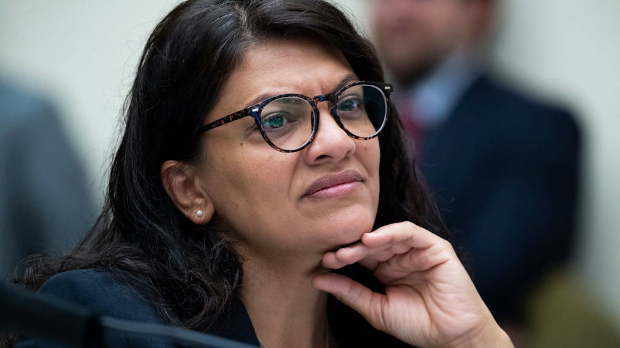 UNITED STATES - JULY 20: Rep. Rashida Tlaib, D-Mich., listens to HUD Secretary Marcia Fudge testify during the House Financial Services Committee hearing titled “Building Back A Better, More Equitable Housing Infrastructure for America: Oversight of the Department of Housing and Urban Development,” in Rayburn Building on Tuesday, July 20, 2021. (Photo By Tom Williams/CQ Roll Call)
