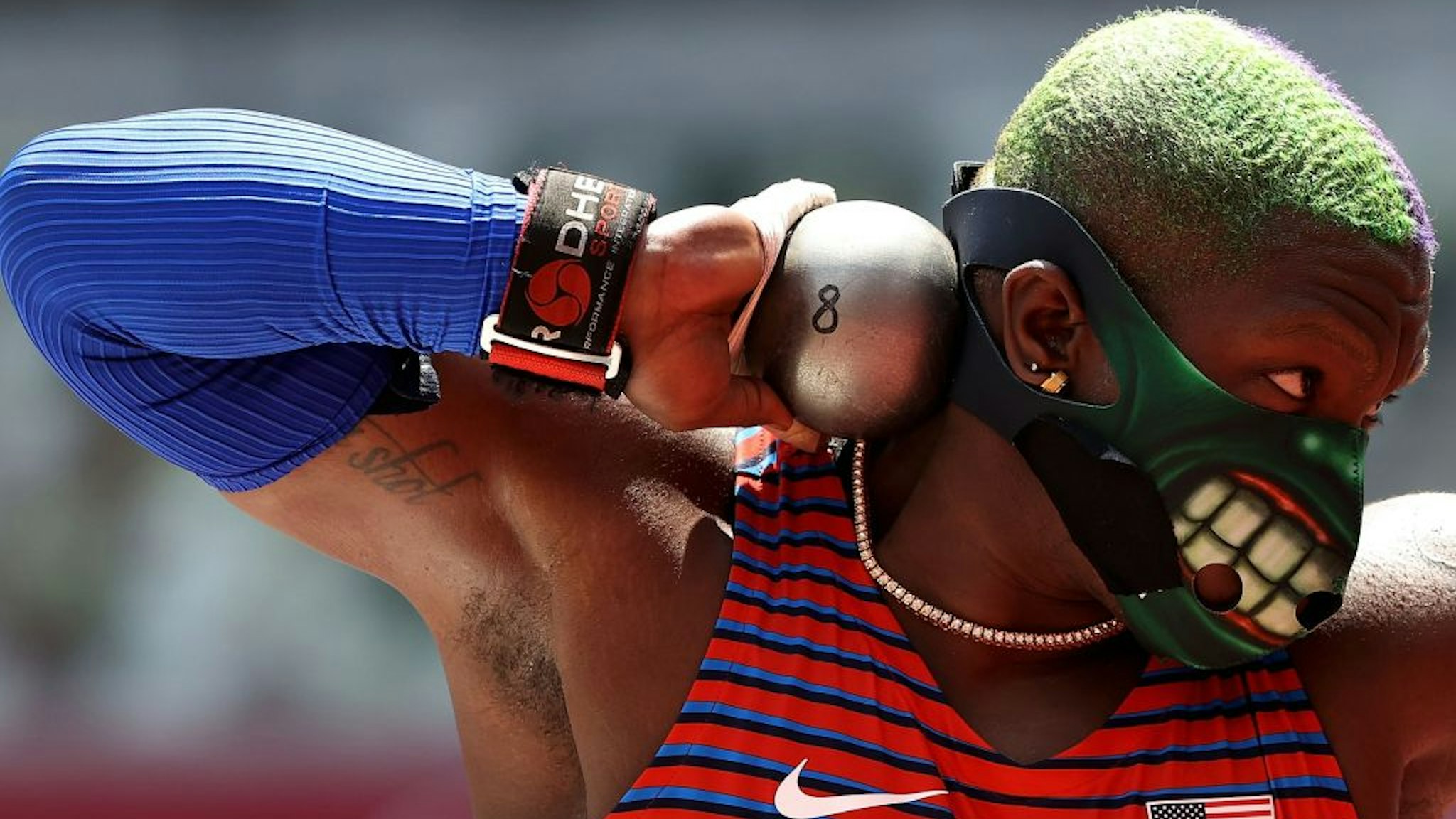 Raven Saunders of the United States competes during the women's shot put final at Tokyo 2020 Olympic Games, in Tokyo, Japan, Aug. 1, 2021. (Photo by Li Ming/Xinhua via Getty Images)