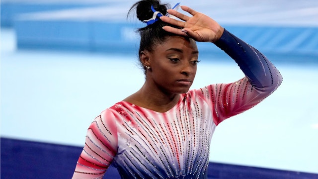 ARIAKE, TOKYO - AUGUST 3: Gymnast Simone Biles of Team United States gets ready to compete in the Tokyo 2020 Olympic Games Women's Gymnastics Balance Beam Final at Ariake Gymnastics Center on Tuesday, August 3, 2021. Biles won the bronze medal. (Photo by Toni L. Sandys/The Washington Post via Getty Images)
