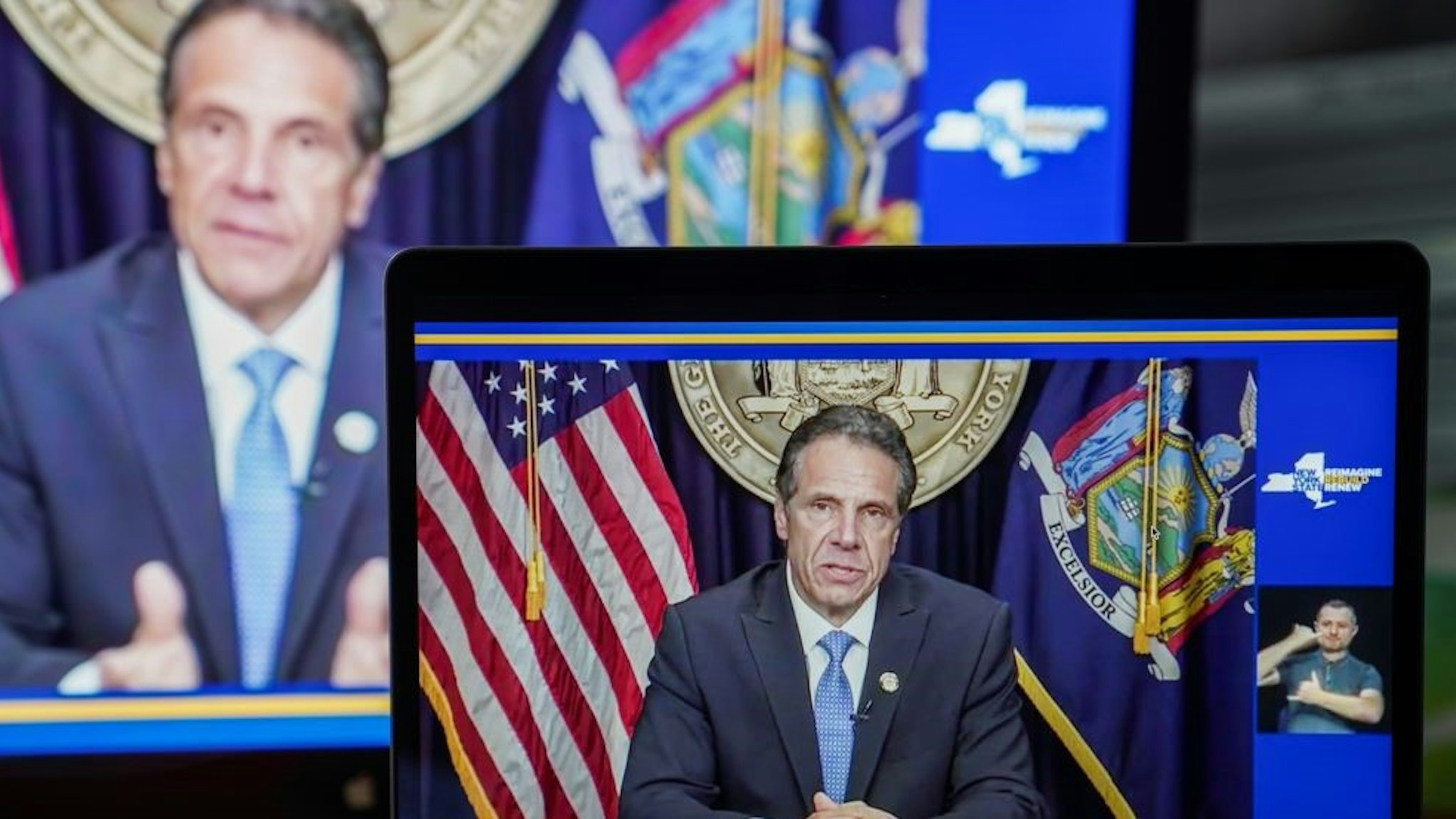 Photo taken from a video in New York, the United States, shows New York Governor Andrew Cuomo speaking during a televised address, on Aug. 10, 2021. New York Governor Andrew Cuomo on Tuesday said he was resigning amid mounting pressures from sexual harassment allegations and investigations as well as calls from other political figures. (Photo by