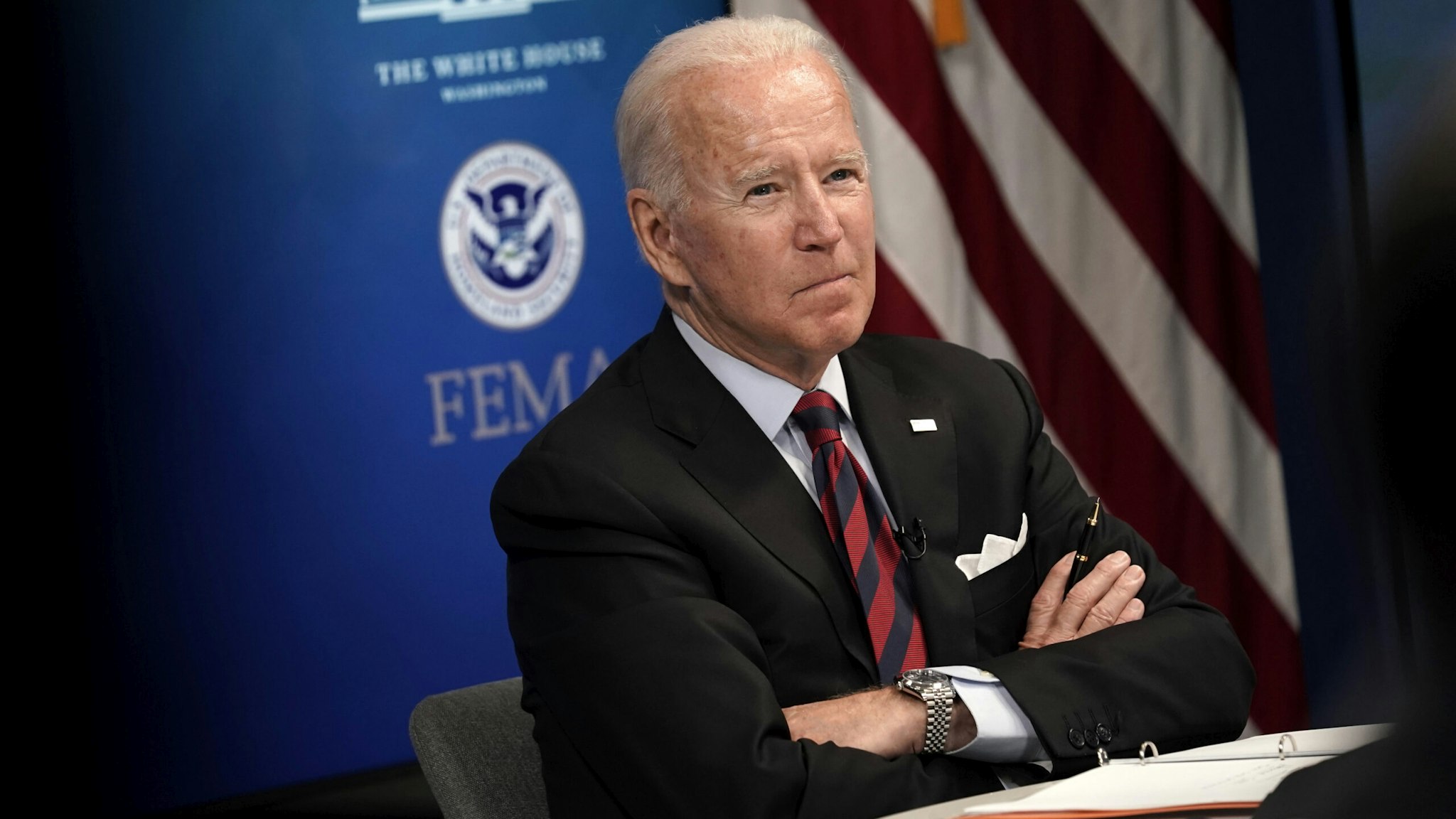 U.S. President Joe Biden during a virtual Hurricane Ida briefing at the White House in Washington, D.C, U.S, on Monday, Aug. 30, 2021. Biden vowed Monday to continue providing federal support in the aftermath of Hurricane Ida, which made landfall south of New Orleans and has left more than a million homes and businesses without power.