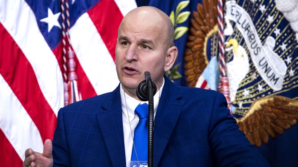 Brandon Judd, president of the National Border Patrol Council, speaks as he introduces U.S. President Donald Trump, not pictured, during a meeting with the National Border Patrol Council in Washington, D.C., U.S., on Friday, Feb. 14, 2020. Attorney General William Barr has ordered a review of the prosecution against Trump's former National Security Advisor Michael Flynn, adding to a series of interventions this week in politically sensitive cases tied to the president.