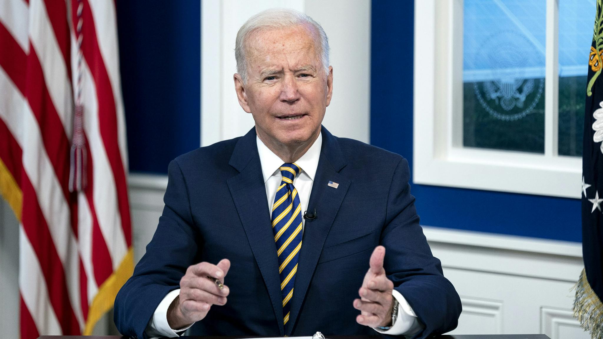 President Biden Holds Major Economies Forum On Energy And Climate U.S. President Joe Biden speaks during a Major Economies Forum on Energy and Climate in the Eisenhower Executive Office Building in Washington, D.C., U.S., on Friday, Sept. 17, 2021. Biden is hosting the virtual discussion of climate change with world leaders as he tries to accelerate efforts to slash greenhouse gases amid concerns that commitments are lagging before a pivotal United Nations summit.