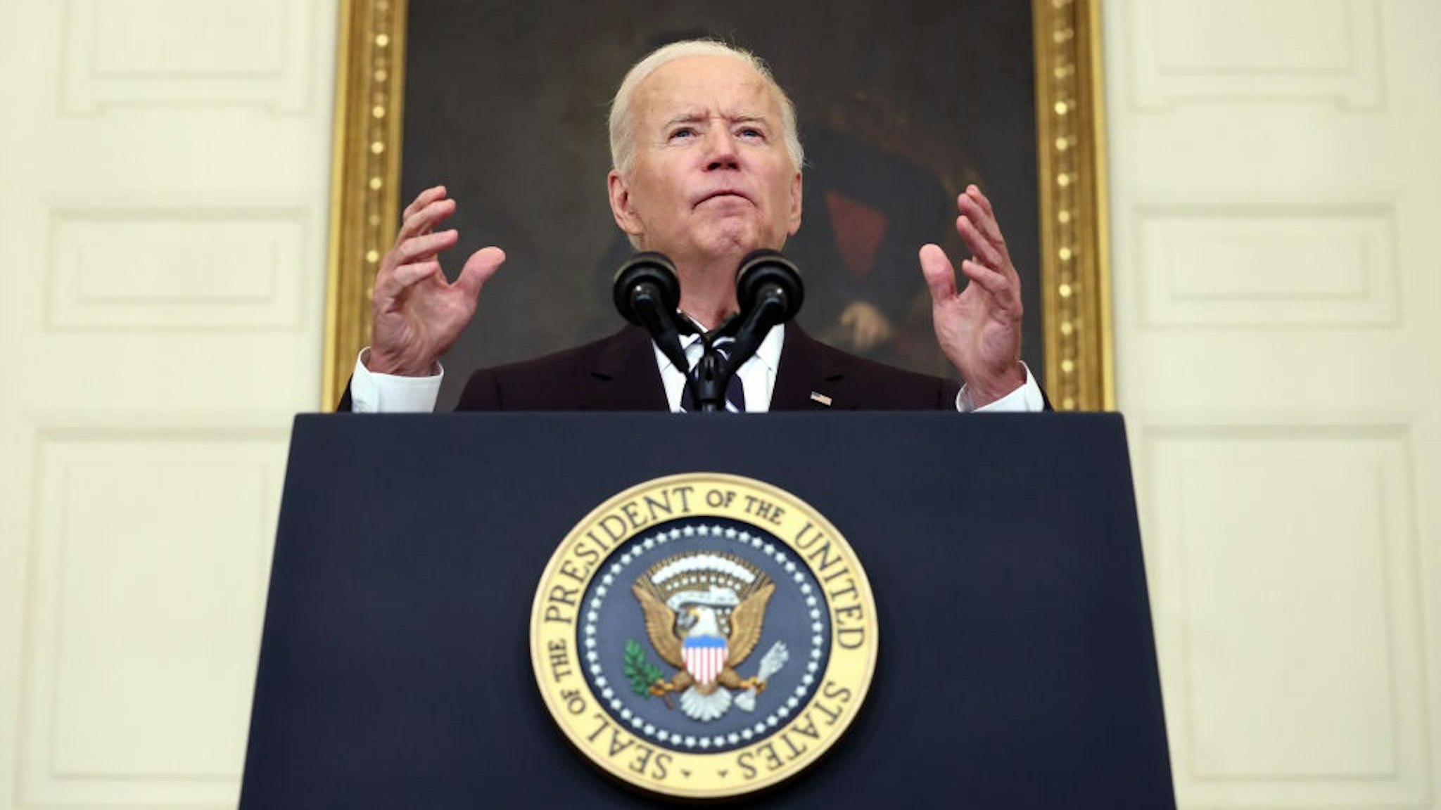 WASHINGTON, DC - SEPTEMBER 09: U.S. President Joe Biden speaks about combatting the coronavirus pandemic in the State Dining Room of the White House on September 9, 2021 in Washington, DC.