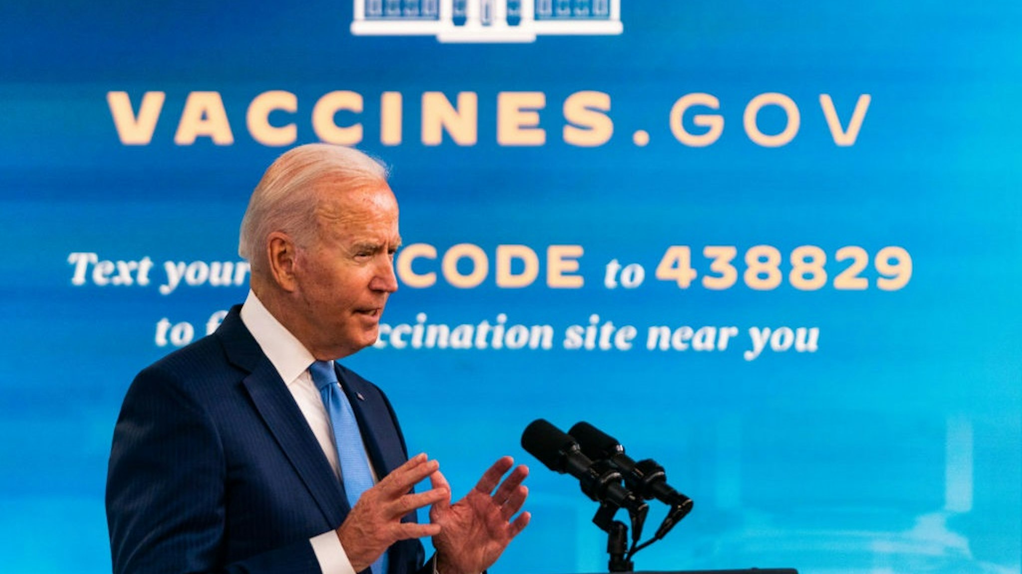 WASHINGTON, DC August 23, 2021: US President Joe Biden delivers remarks on the COVID vaccine in the South Court Auditorium at the White House on August 23, 2021.