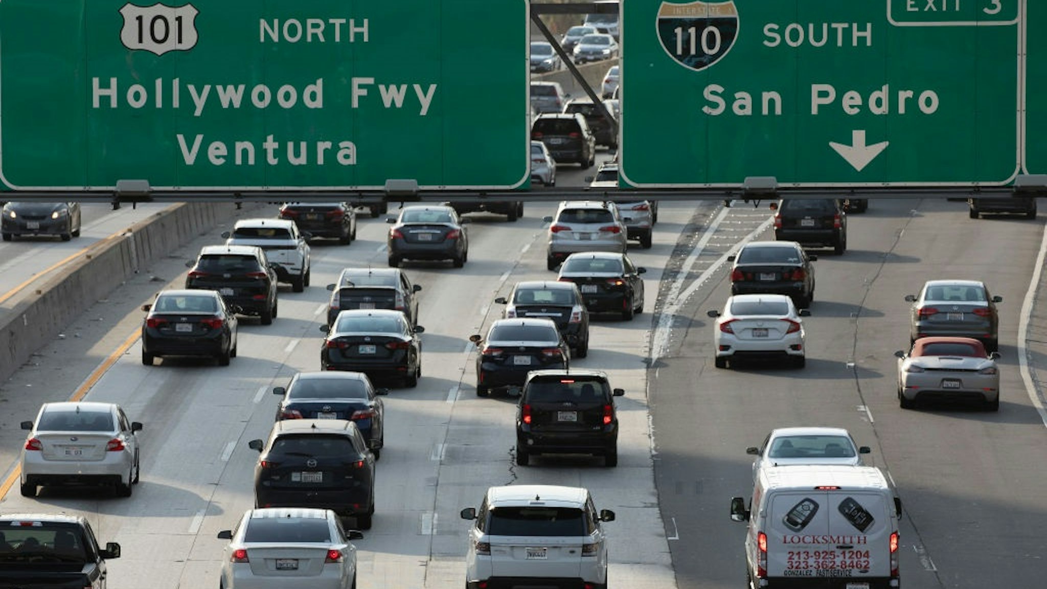 LOS ANGELES, CA - JUNE 16: Afternoon traffic crawls along the 101 freeway through downtown Los Angeles on Wednesday, June 16, 2021.
