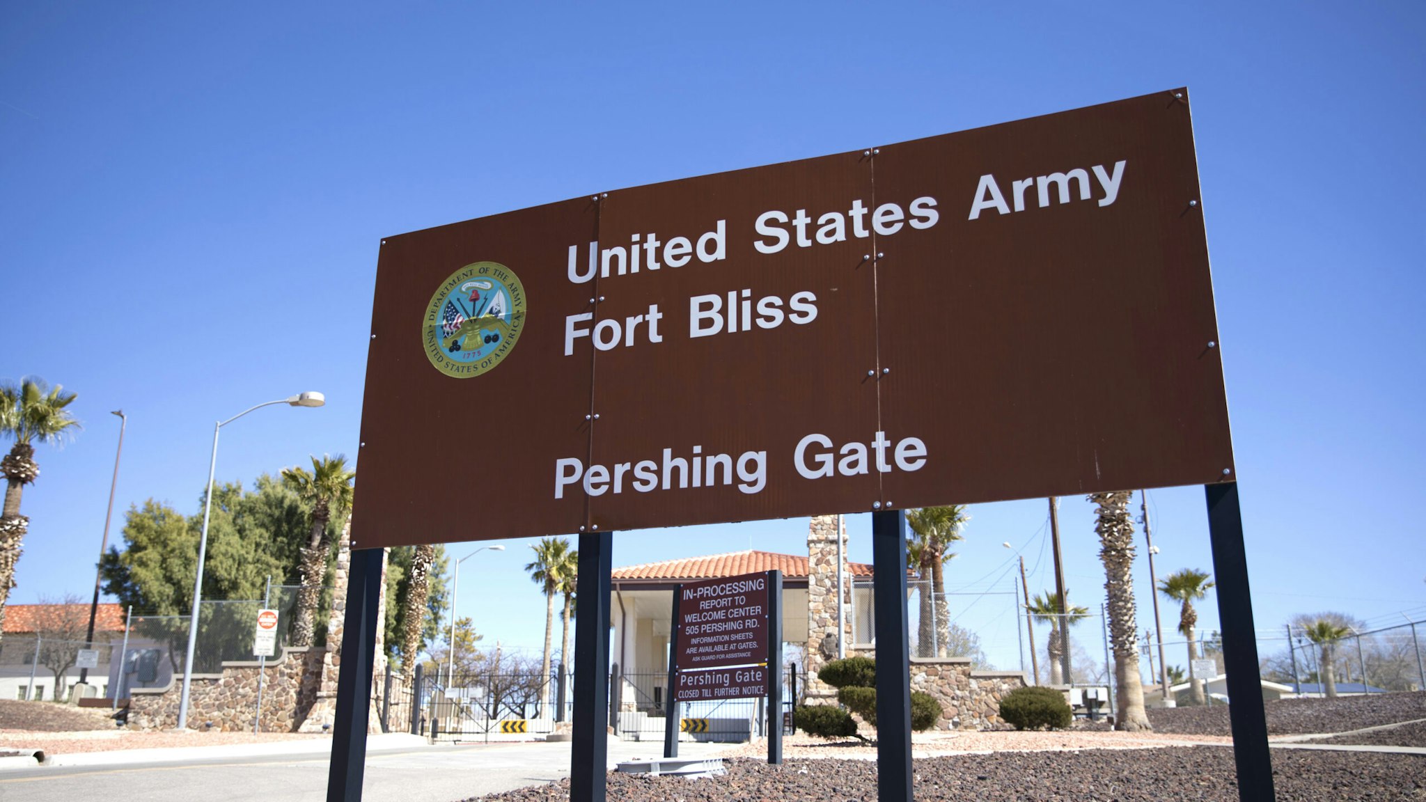 The U.S. Army Fort Bliss base stands in El Paso, Texas, U.S., on Tuesday, Feb. 12, 2019. President Trump, while making his case for building a wall along the U.S.-Mexico border, has repeatedly claimed that crime rates dropped in El Paso after a barrier along the the border with Juarez was built a decade ago. But many locals including El Paso's Republican mayor challenge that assertion, pointing to crime rates that dropped before construction even began.